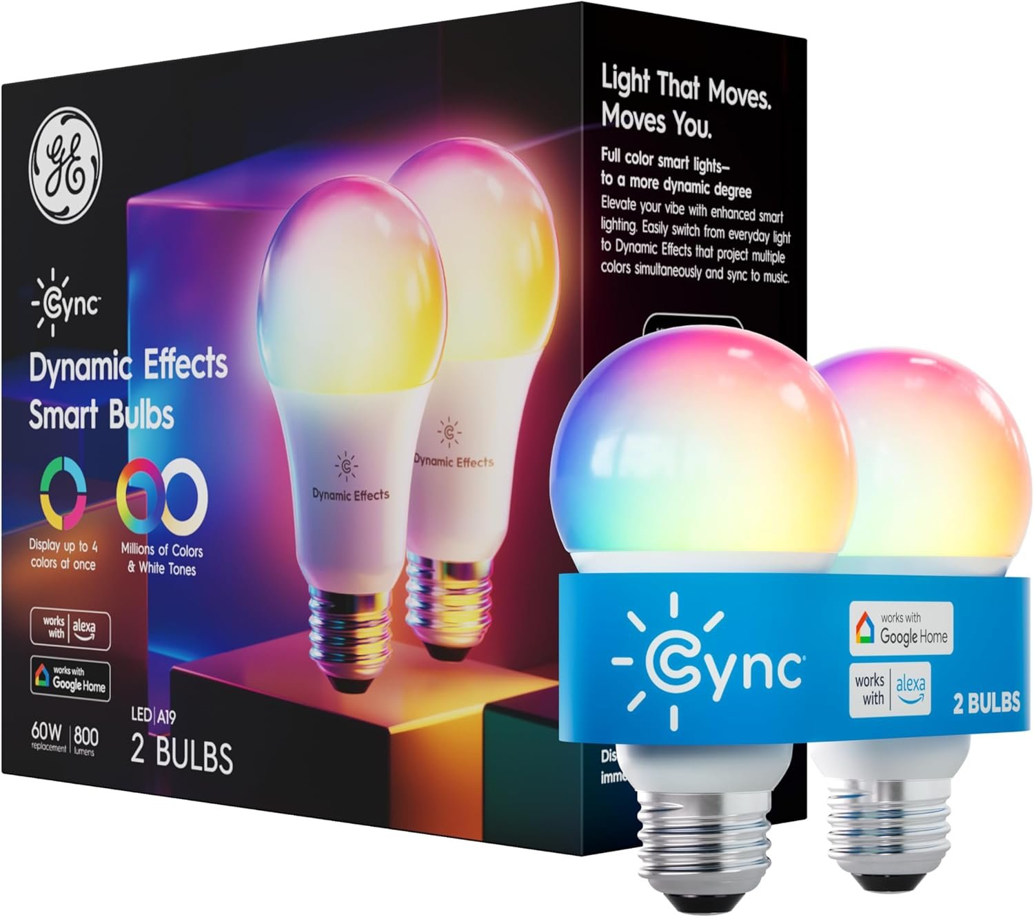 GE Cync Dynamic Effects A19 LED Smart Light Bulbs, Bluetooth and WiFi Color Changing Lights with Music Sync, Compatible with Alexa and Google Home (2 Pack)