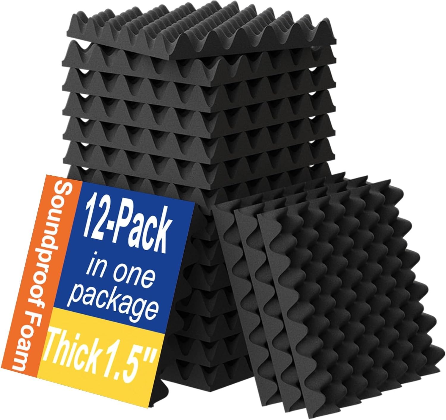 12 Pack 1.5″X12″X12″ Sound Proofing Egg Crate Foam Pad(Most Soundproofing Design), Upgraded Foam Padding, Fire-Retardent Sound Proof Panels for Walls, Made by WVOVW
