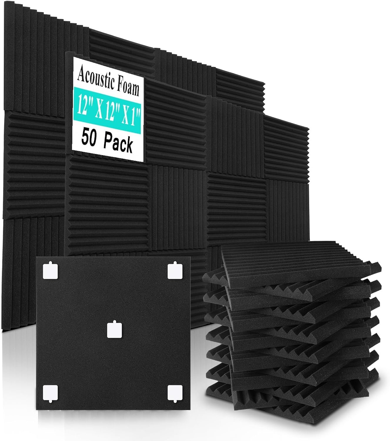 50 Pack Sound Proof Foam Panels,12″×12″×1″ Acoustic Foam Panels, High Density Soundproof Wall Panels for Home Office Recoding Studio,With 250PCS Adhesive Stickers (Black, 50 Pack)