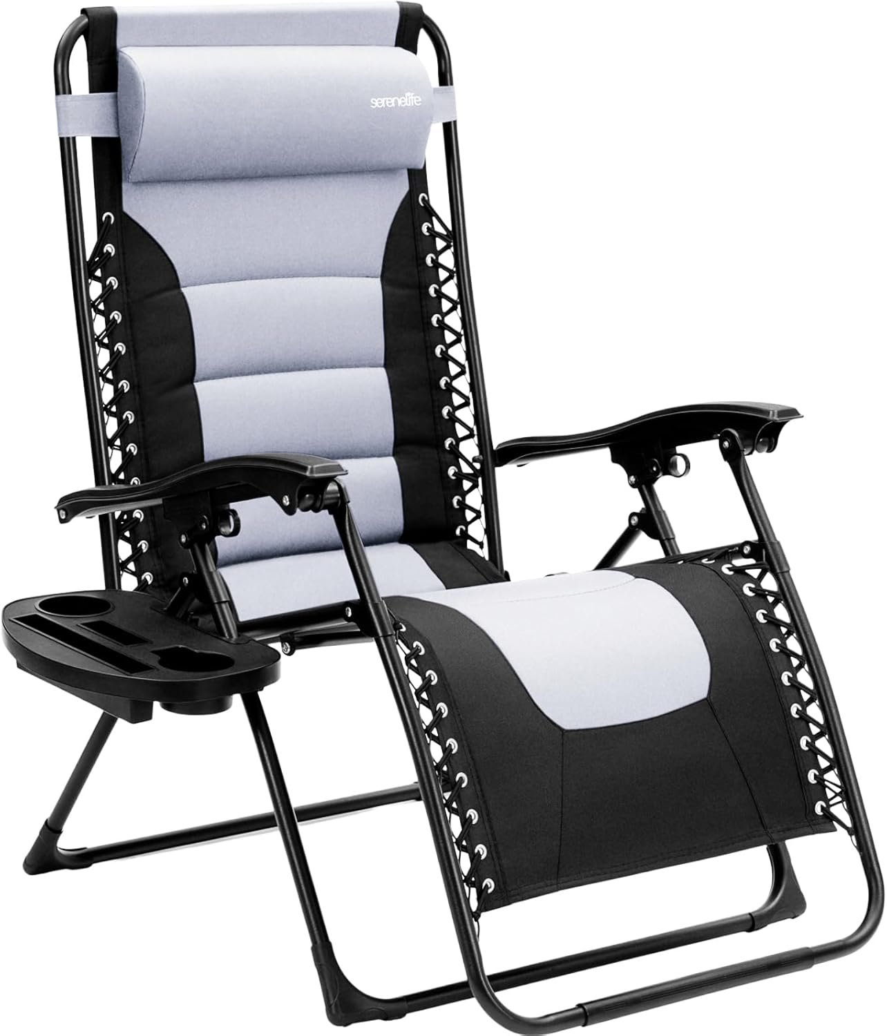 SereneLife Oversized Padded Zero Gravity Lounge Chair, Foldable Outdoor Patio Recliner, Anti Gravity Lawn Recliner with Cup Holder and Side Table for Backyard, Camping, Beach or Outdoor Relaxation