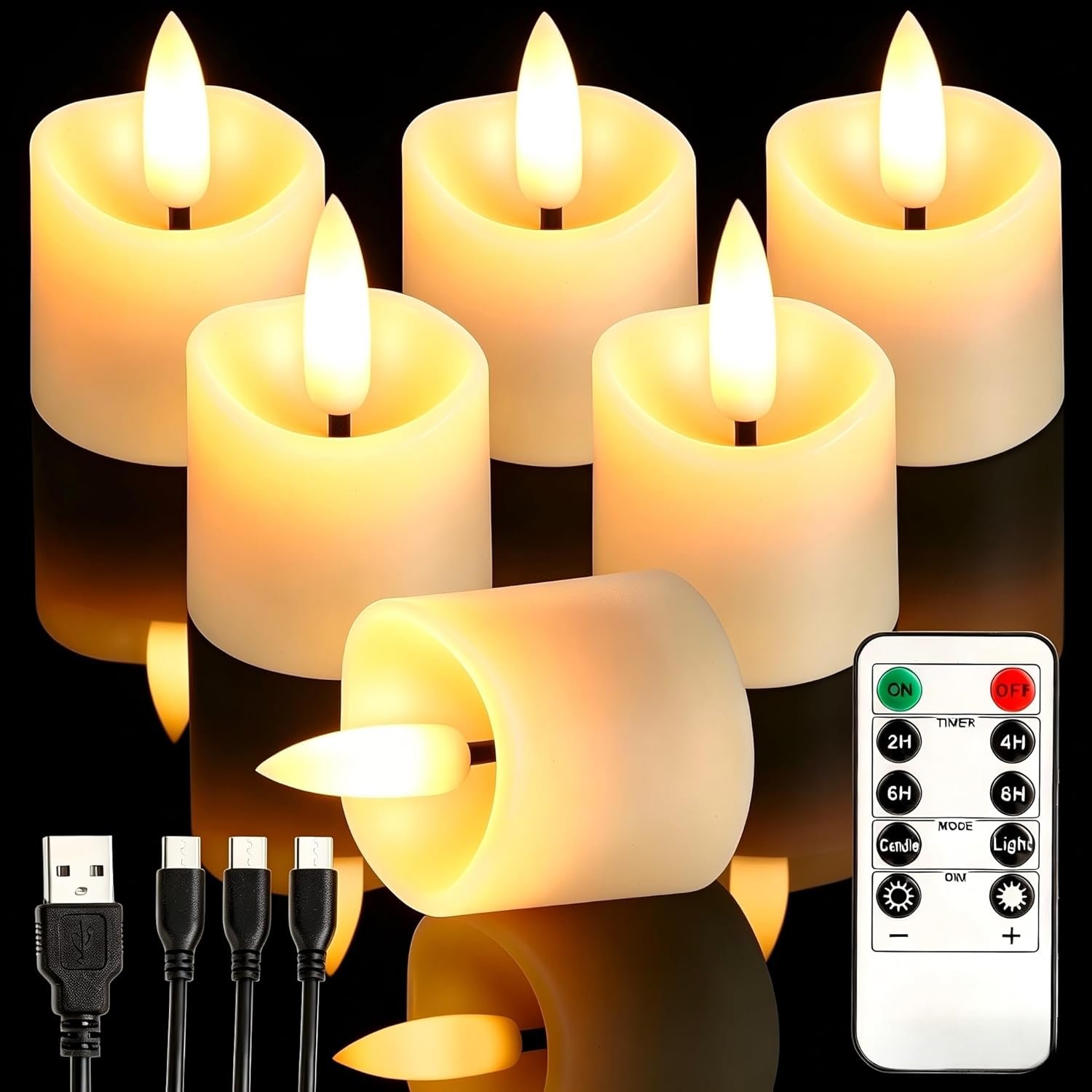 Rechargeable Flameless Tea Light Candles with Timer Remote, 1.5″x2.2″ Electric Fake Flickering Votive Candles for Aniversary Wedding Centerpiece Table Decor Funeral Halloween Christmas (6 Pack)