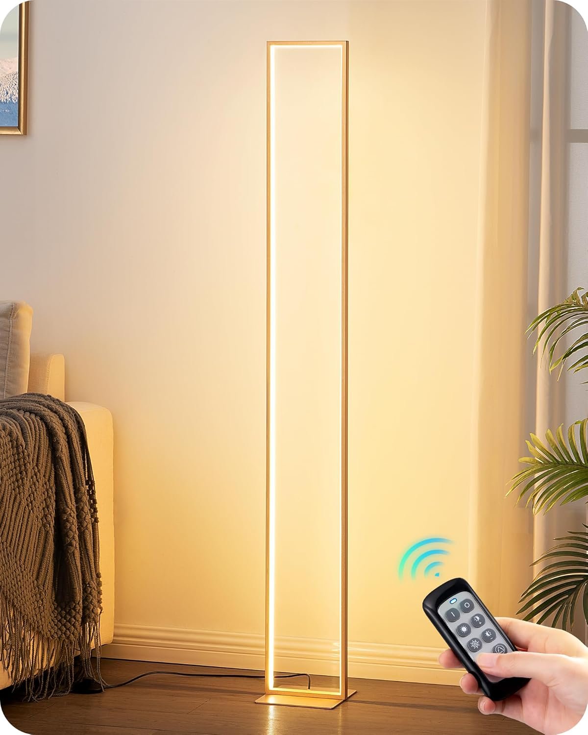 EDISHINE LED Floor Lamp, 55″ Modern Minimalist Rectangular Corner Light 3000K-6000K Dimmable, Remote Control & Foot Switch, Metal Base Standing Lamps for Living Room, Bedroom, Office, Gold