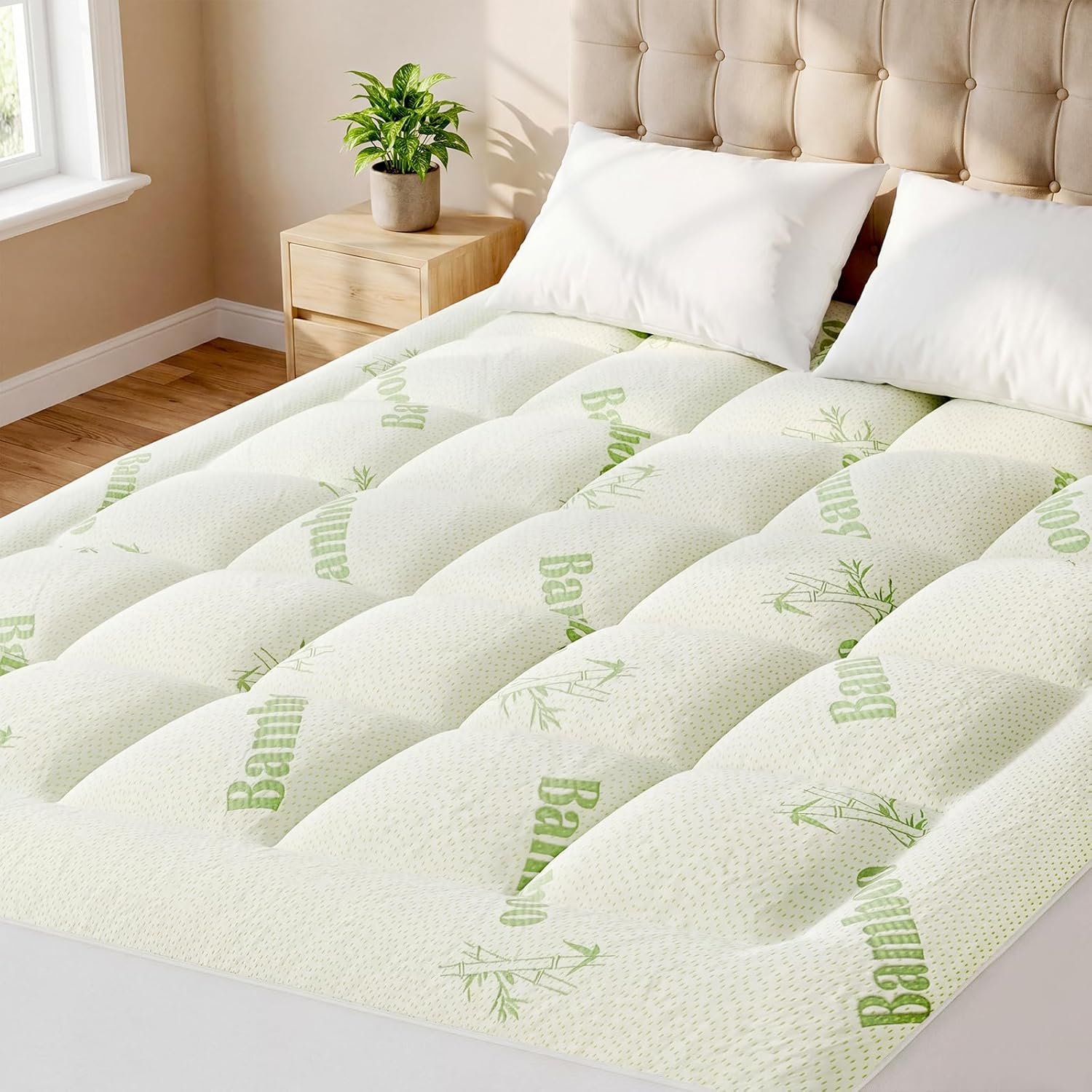 Sweetcrispy Ultra Soft Mattress Topper Queen Size – Viscose Made from Bamboo Pillow Top Mattress Pad for Breathable Cooling & Back Pain Relief, Deep Pocket Comfort Bed Topper, Green