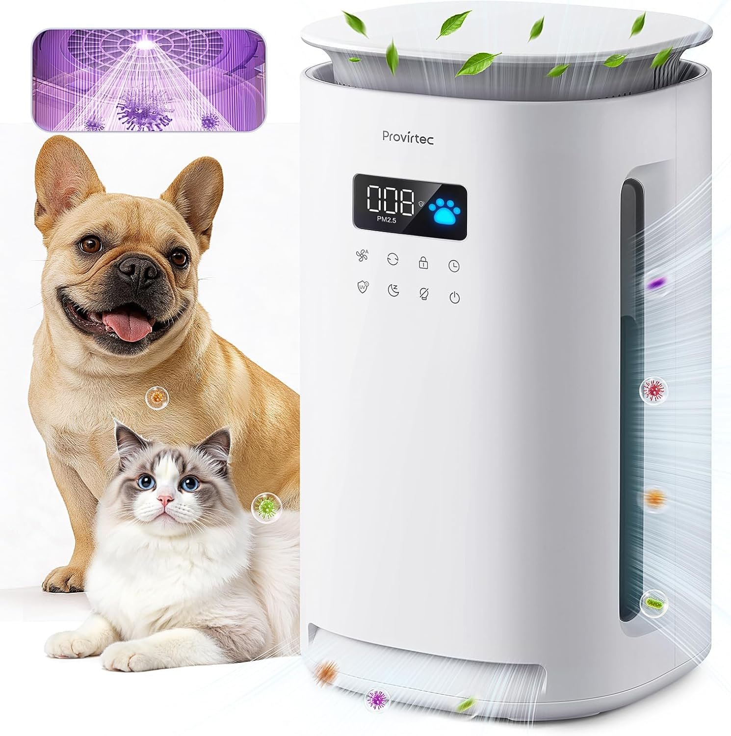 Provirtec Pawtent Pro New Pet Air Purifier, No More Stubborn Pet Odor & Lingering Urine Smell, End Dander Allergies & Floating Fur, 2-Year Filter Life, Auto/Sleep Mode for 2500 ft²