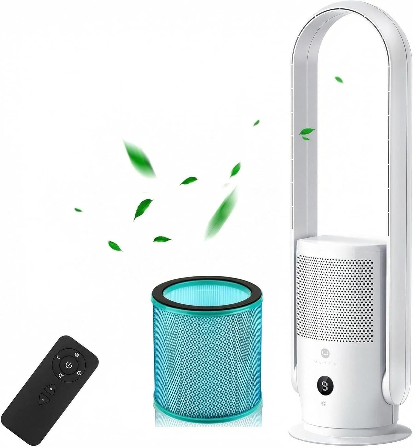 U ULTTY Bladeless Fan with Air Purifier, Quiet Tower Fan with Remote, Touch, 9 Speeds, 8H Timer, HEPA Filter 99.97%, 90° Oscillation Fans, Floor Fans Powerful for Home Office Room, CR022D White