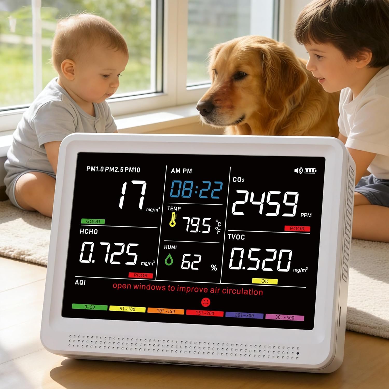 Professional 16 in 1 Air Quality Monitor Indoor 10h Battery & 5.5″ Display 9 AQI+7 AQI Alerts, Portable CO2 Monitor Air Quality Tester for CO2, TVOC, PM2.5 PM1.0 PM10, HCHO Temp/ Humidity AQI & Time