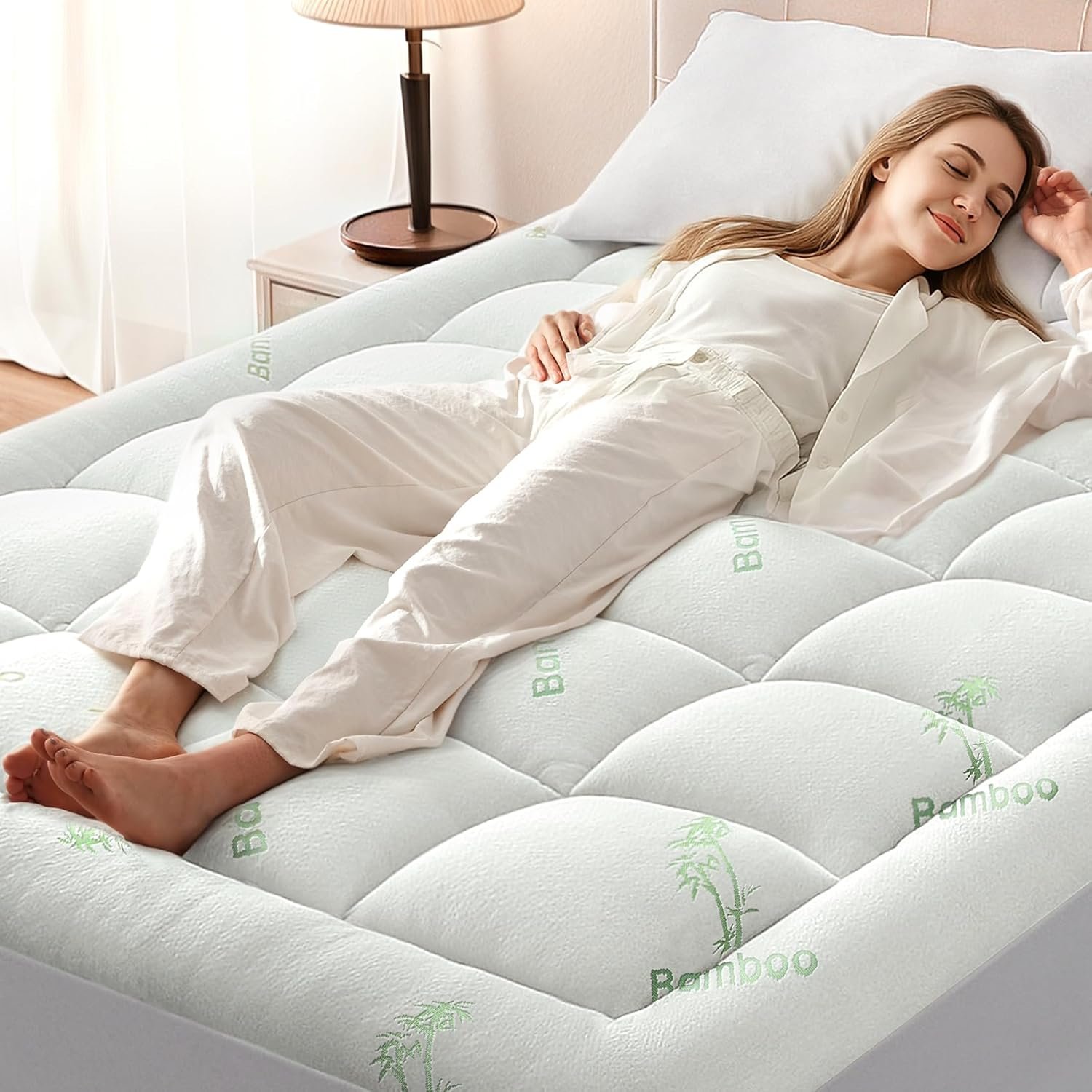 Anluoer Queen Mattress Topper Memory Foam, Rayon Derived from Bamboo Pillow Top Mattress Topper for Back Pain Relief, Cooling Soft Mattress Pad with 8-21″ Deep Pocket, 60×80 Inches, White