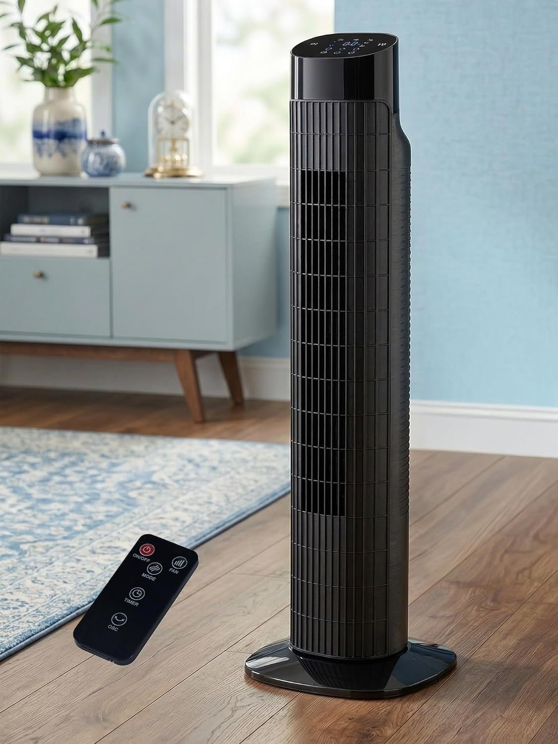 Uthfy 31 Inch Tower Fan for Bedroom, 120° Oscillating Quiet Standing Bladeless Fan With Remote, 7.5H Timer, 3 Speeds, 3 Modes, for Room, Dorm, Office, Black