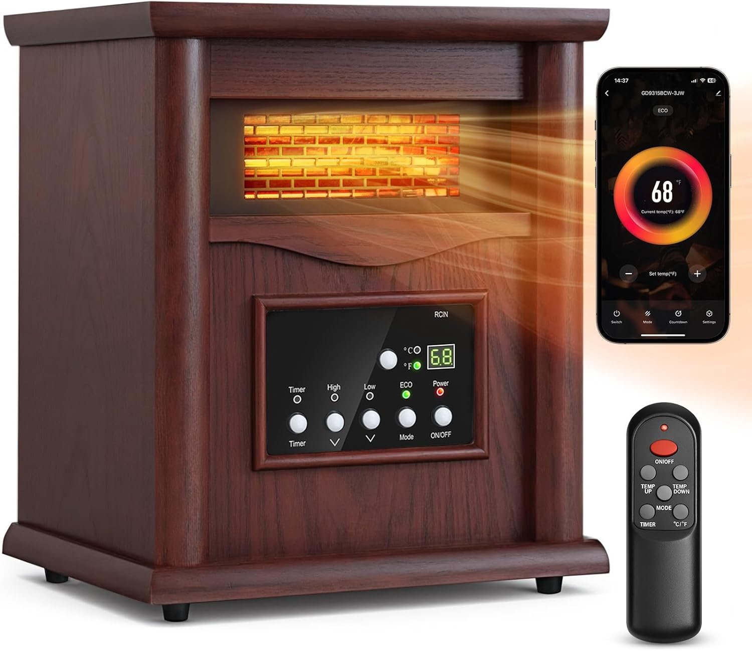 LifePlus Infrared Heater, Energy Efficient Electric Space Heater with 3 Modes, 12H Timer, Thermostat, Double Protection, Remote, WIFI App Control, Room Heater for Bedroom, Living Room, Office