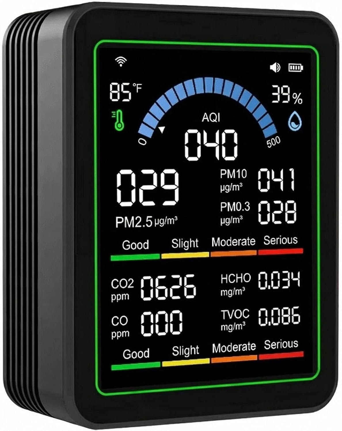 Smart Air Quality Monitor Indoor for Home, Portable CO2 Detector for Travel, Multi Pollutant Air Quality Tester for CO2, VOC, HCHO, PM2.5, PM10, PM0.3, Temperature and Humidity, Digital Display