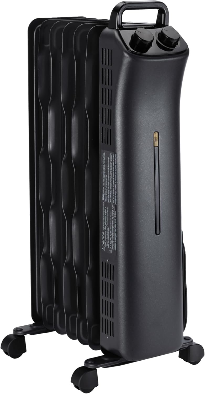 Amazon Basics Portable Oil Space Heater with 7 Oil-Filled Fins, 3 Heat Settings, Adjustable Thermostat, Tip-Over and Overheat Protection, ETL Safety Certificate, 1500W, Black