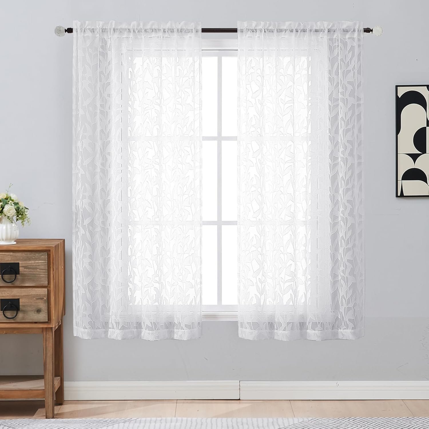 Gwine White Sheer Curtains 63 Inch Length 2 Panels Set, Light Filtering Leaf Jacquard Textured Soft Airy Living Room Bedroom Curtains, Elegant Rod Pocket Farmhouse Curtain, 42Wx63L Inches, 2PCS