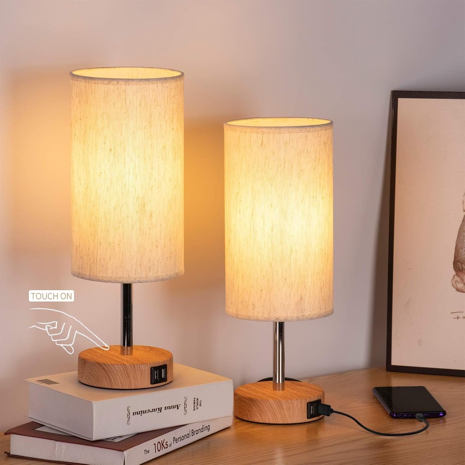 Yarra-Decor Bedside Lamps with USB Port – Touch Control Table Lamp for Bedroom Wood 3 Way Dimmable Nightstand Lamp Set of 2 with Round Flaxen Fabric Shade for Living Room, Dorm, Home Office (2 Pack)