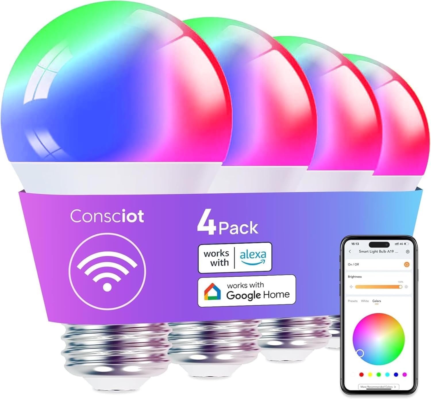 Consciot Smart Light Bulbs, A19 Color Changing Smart Bulbs, 800 Lumens 60W Equivalent, Works with Apple Home, Alexa, Google Home & SmartThings, Dimmable LED, 4-Pack