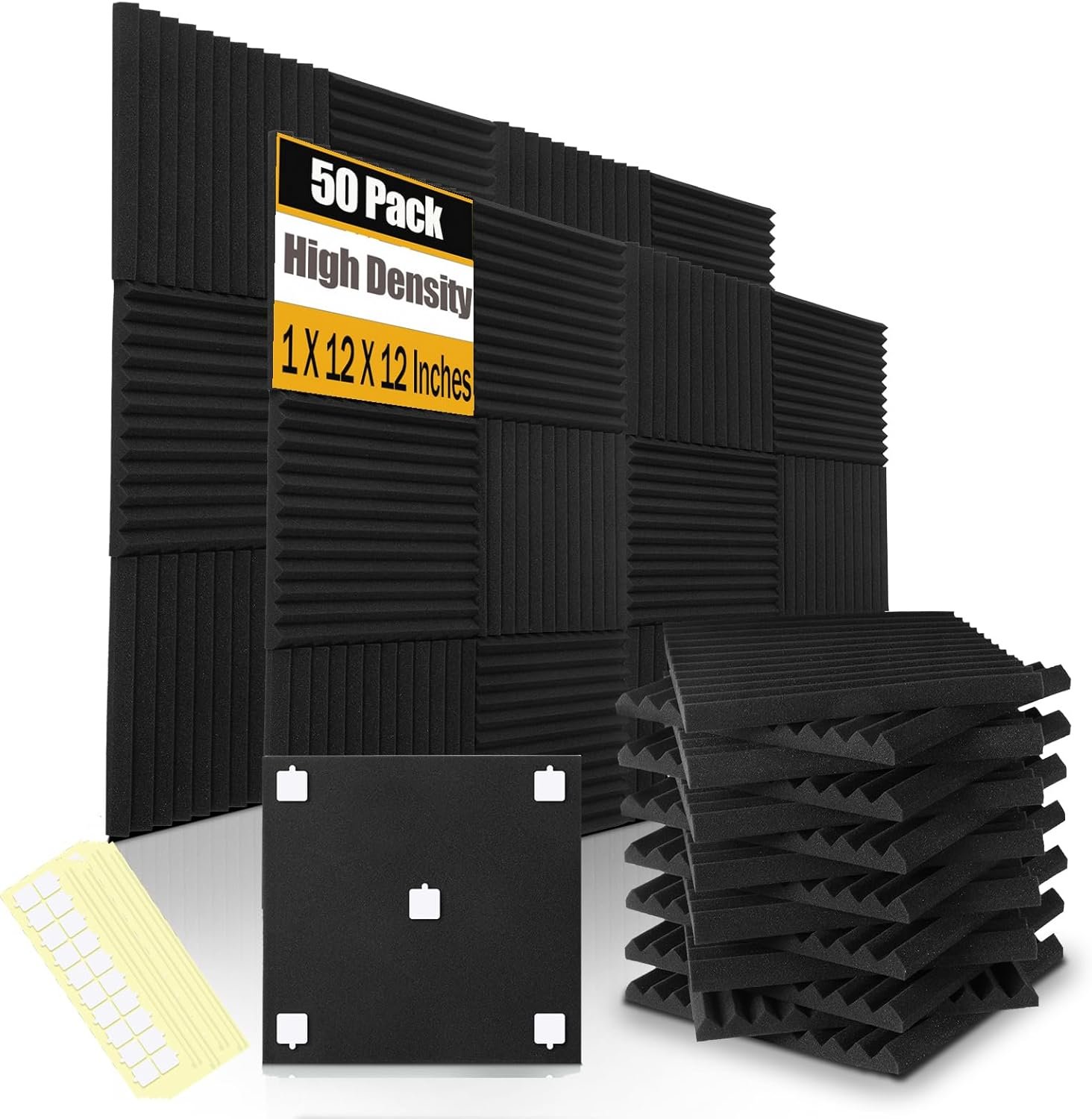 50 Pack Acoustic Foam Panels 1″ X 12″ X 12″ Wedge Soundproof Studio Foam for Walls Sound Absorbing Panels Sound Insulation for Studio (50 Pack, Black)