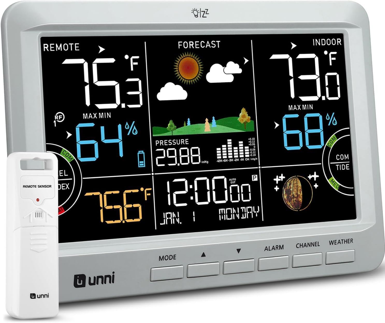 Weather Station Indoor Outdoor Thermometer Wireless, Home Atomic Clock with Large Constant Display, Inside Outside Temperature Humidity Monitor, Dew Heat Point, Barometer Grey