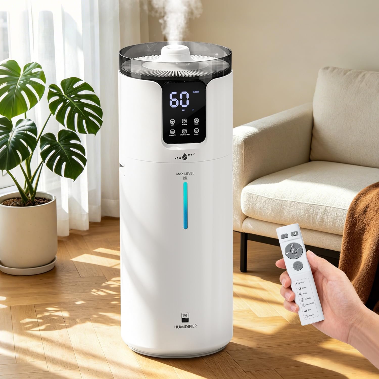 Humidifier Large Room, 4.2 Gal/16L Large Humidifier for 1500 sq.ft, 360° Nozzles Cool Mist Ultrasonic, Top Fill Tower Humidifiers for Bedroom Office Plant wholehouse with Extension Tube, Night Light