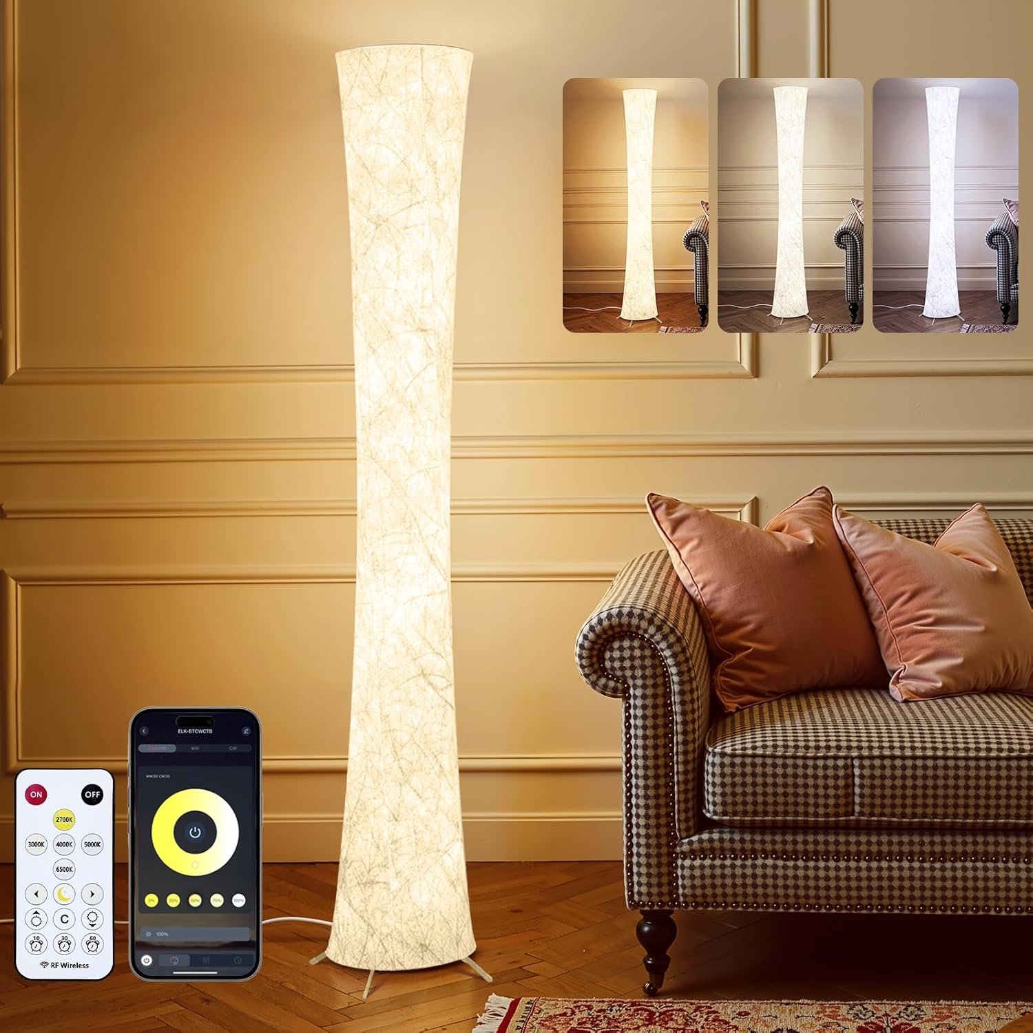 WORLD WIN LED Floor Lamp for Living Room, 61” Modern Floor Lamp with 3 Color Temperature Light, APP & Remote Control, Timer Setting, Dimmable Standing Corner Lamps for Bedroom, Office