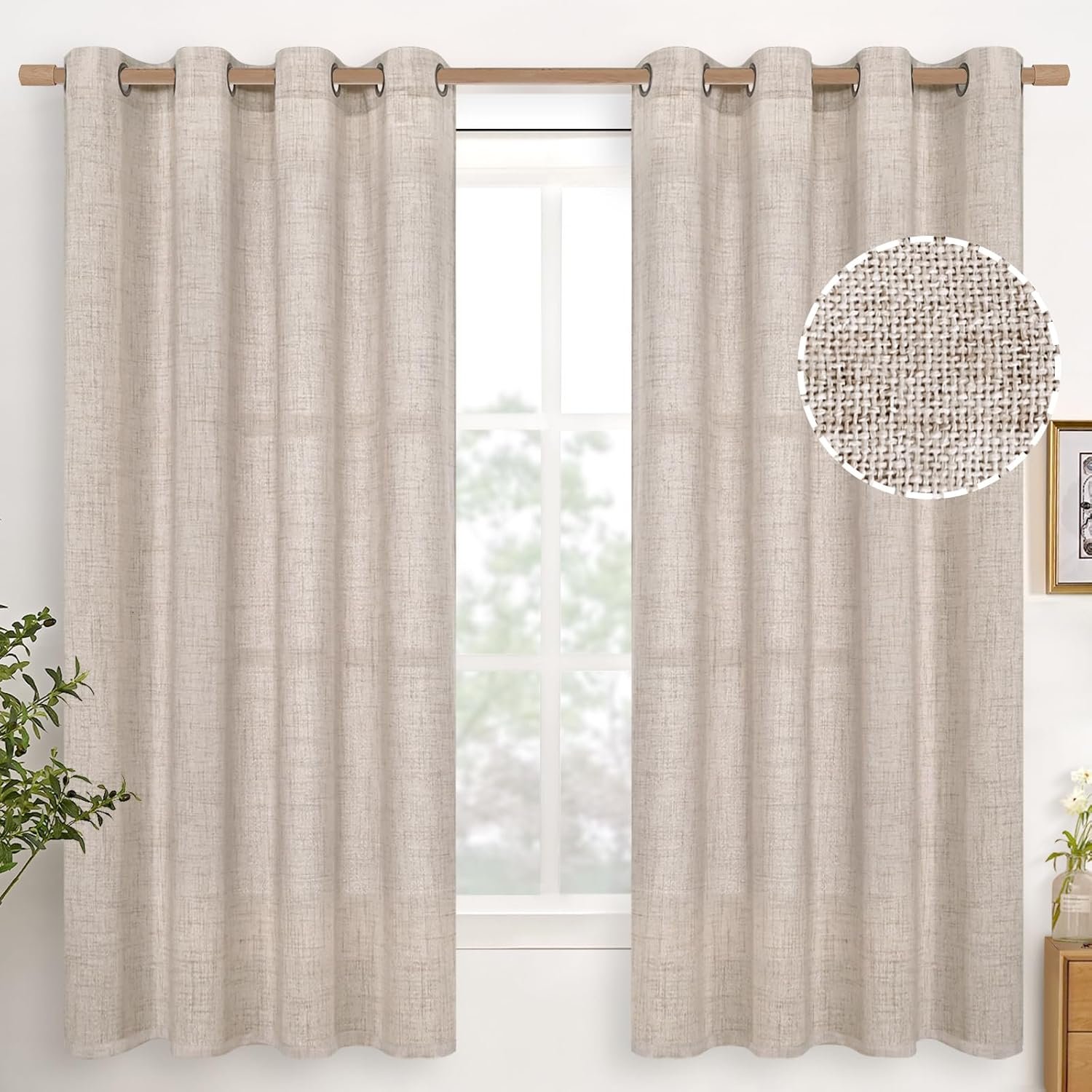 YoungsTex Linen Semi Sheer Curtains 63 Inch Length 2 Panels for Living Room – Light Filtering Drapes with Bronze Grommet Beige Window Treatments for Country Office Bedroom, 52 X 63 Inch
