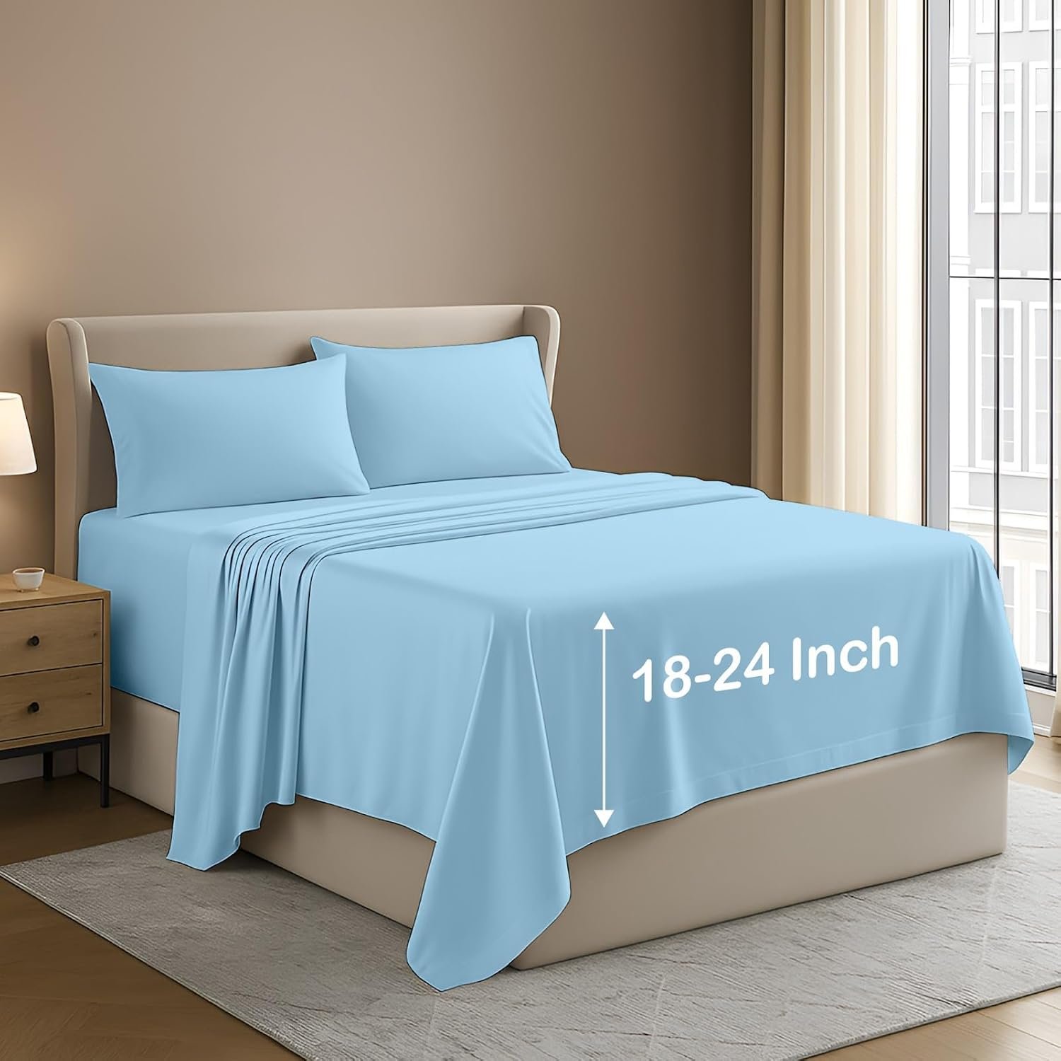 NON Sticky cotton 4 Piece Queen Extra Deep Pocket Sheet Set, 100% Egyptian Cotton, Soft and Breathable Bedding Sheets, Fits 18″ to 24″ High Mattress, 60″ x 80″, Light Blue Solid