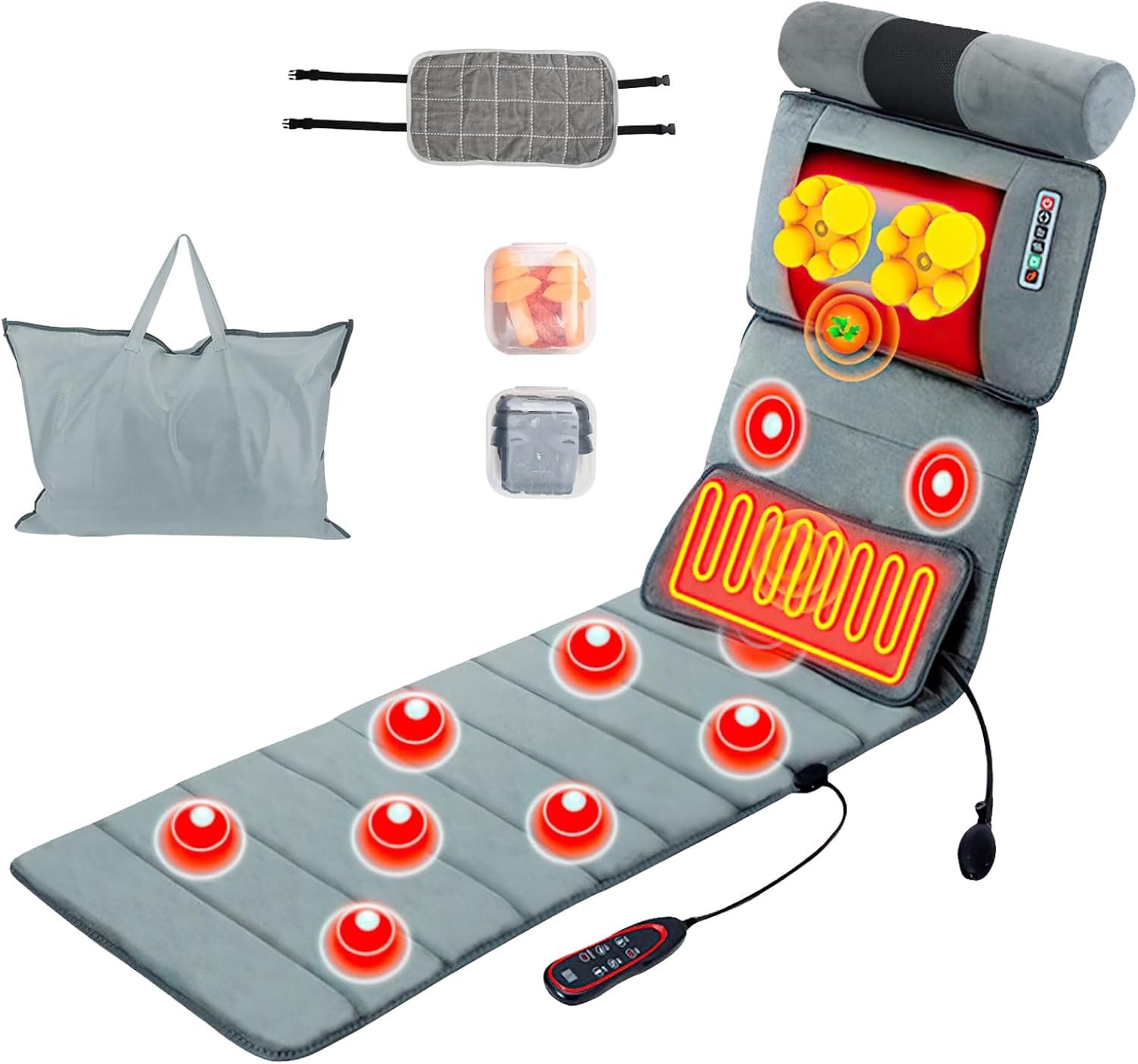 KOCASO Full Body Massage Mat with Heat – Electric Massage Mat Neck/Back Massager 10 Vibration Motors & 9 Modes with 2 Earplugs Lumbar Pillow Timer Anti-Slip Bottom, Mattress Chair Pad for Rleax