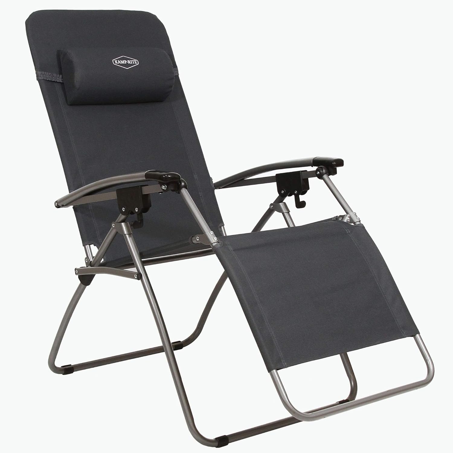 Kamp-Rite Outdoor Folding Reclining Zero Gravity Beach Lawn Chair w/Headrest Pillow, for Camping, Tailgating, & Sports, 300 LB Capacity, Gray