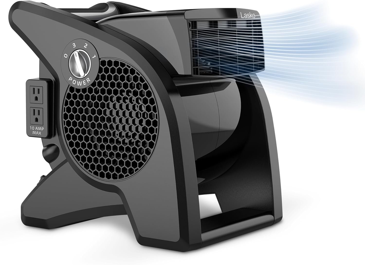 Lasko High Velocity Fan, 15″, 375 CFM, Professional Utility Pivoting Blower Fan with 3 Speeds, 2 Accessory Outlets, 120V, Black, Model U15617