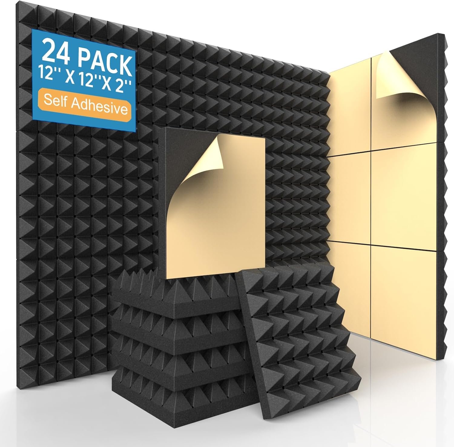 24 Pack Self-Adhesive Acoustic Foam Panels, 12 x 12 x 2 Inches High Density Pyramid Sound Proof Foam Panels for Walls, Fire Resistant Soundproof Wall Panels for Home Office & Studio (Black)
