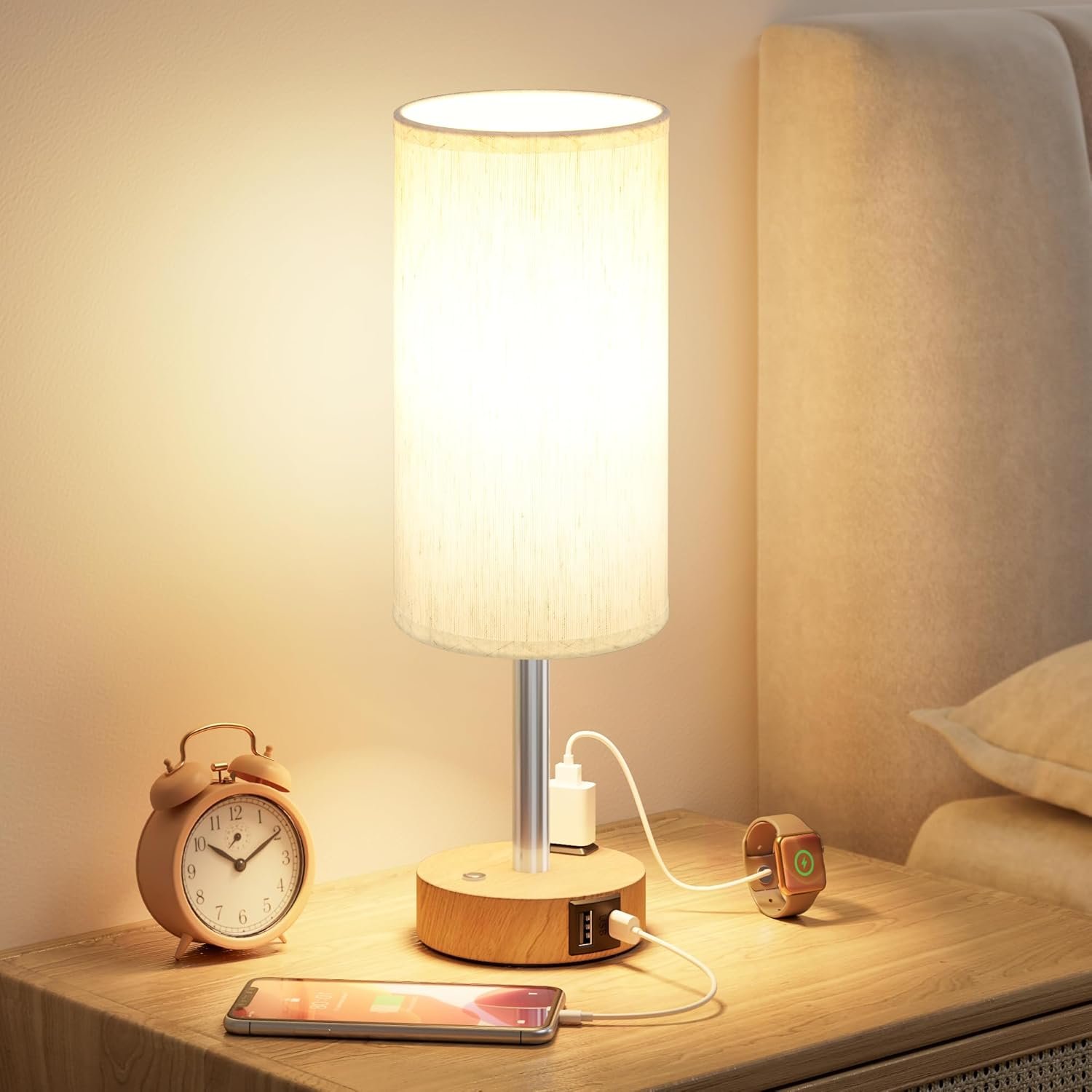 Touch Bedside Table Lamp with Memory – Stepless Dimmable Lamp for Bedroom, Small Nightstand Lamp with Dual USB Charging Ports and AC Outlet, Wood Night Light, Deak Lamp for Nursery, Living Room, Dorm