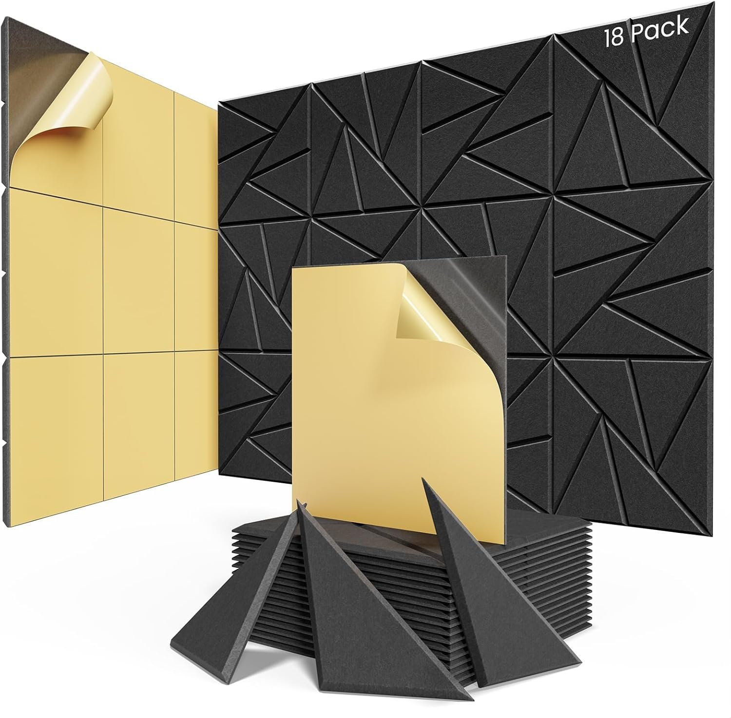 18 Pack Acoustic Panels with Self-Adhesive, 12″X 12″X 0.4″Sound Proof Foam Panels, Sound Panels High Density, Soundproof Wall Panels for Home Studio Office-Black