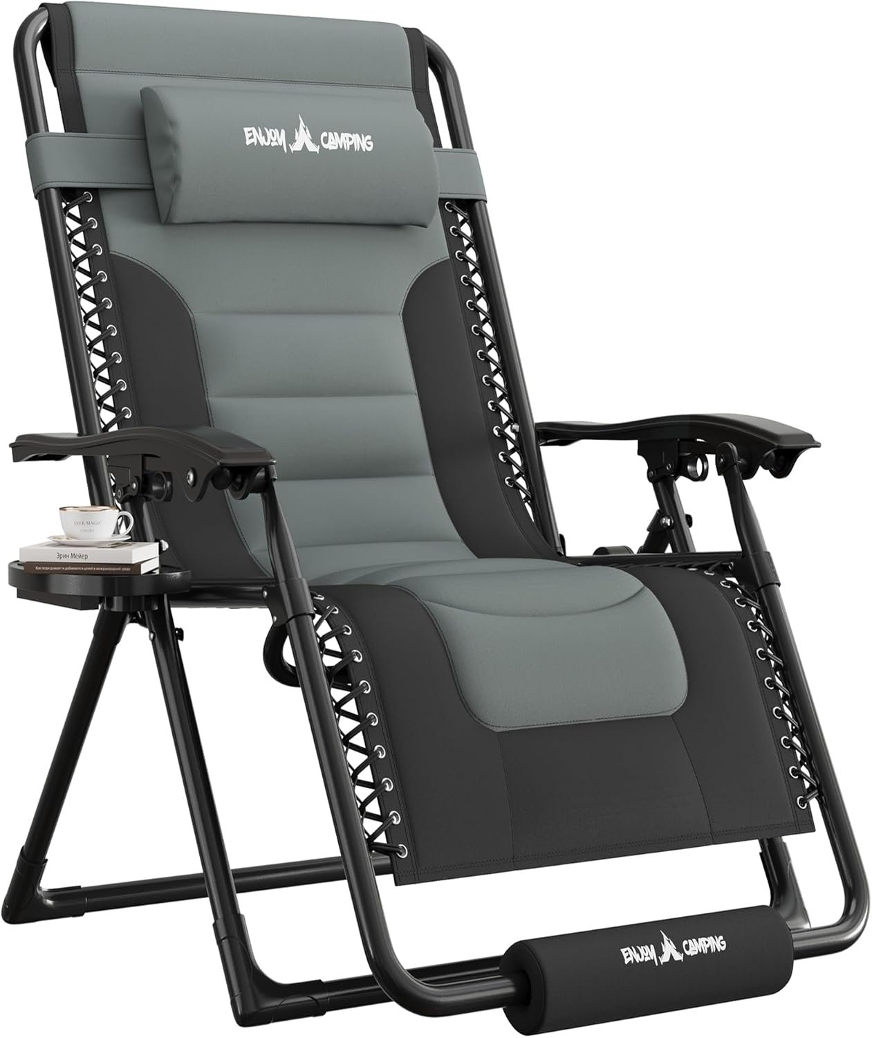 UDPATIO Oversized Zero Gravity Chair, Patio Recliner, Folding Adjustable Outdoor Lounge Chair with Cup Holder, Foot Pad & Padded Headrest (1, Black/Gray, 29in)
