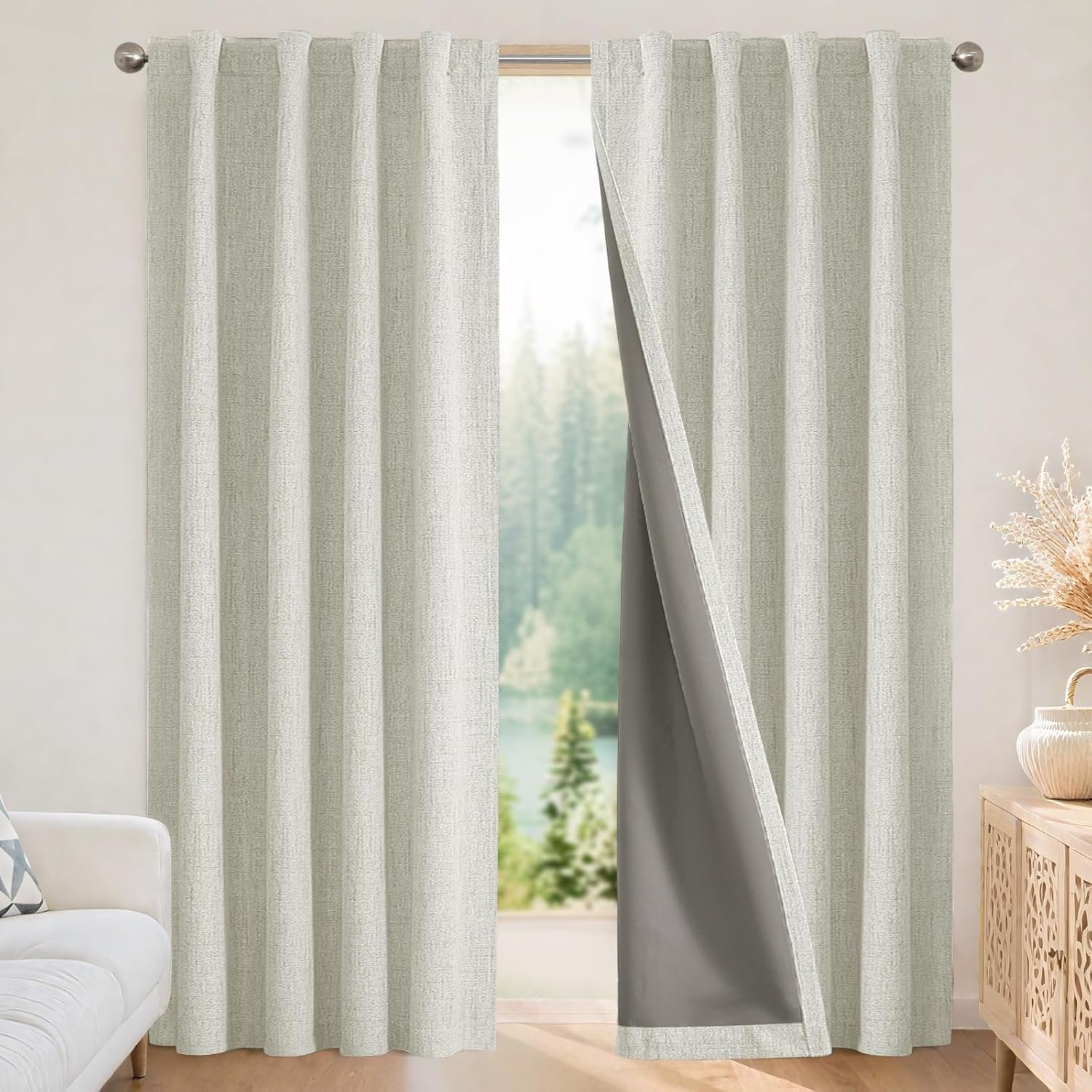 Joydeco Blackout Curtains for Bedroom – 84 Inch Long 100% Light Blocking 2 Panels Light Beige Drapes, Thermal Insulated Room Darkening Curtains, Linen Textured for Living Room, Rod Pocket & Back Tabs