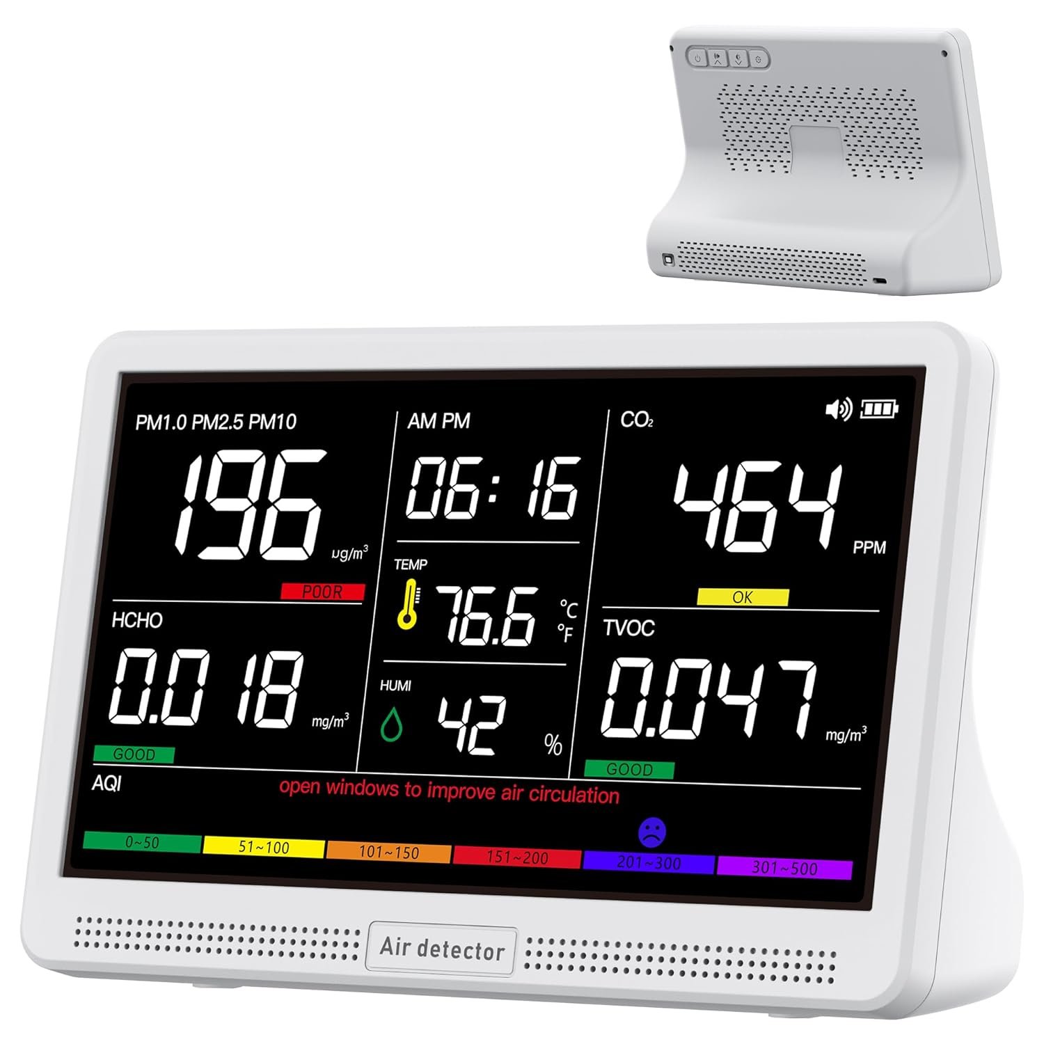 bonoch 16 in 1 Air Quality Monitor Indoor 7″ Display 9 AQI+7 AQI Alerts, CO2 Monitor Air Quality Tester for CO2, TVOC, PM2.5 PM1.0 PM10, HCHO Temperature Humidity AQI & Time Air Quality Meter for Home