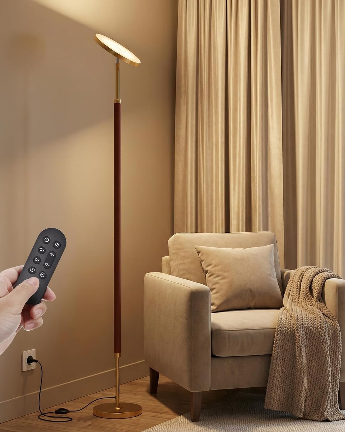 JOOFO Wood Torchiere Floor Lamp, Super Bright Stepless Dimmable LED Uplight Standing Lamp with Remote Adjustable Color Temperature 3000K–6500K with Timer for Living Room Bedroom Office Reading