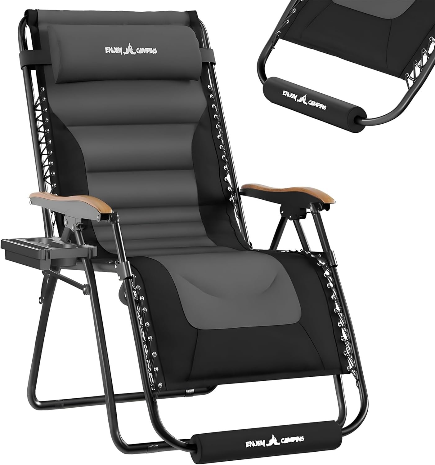 UDPATIO Oversized Zero Gravity Chair Outdoor, Anti Gravity Patio Padding Chairs Folding Adjustable with Cup Holder, Foot Pad & Padded Headrest, Supports 500lbs,Black/Gray/XL,30in/1PC
