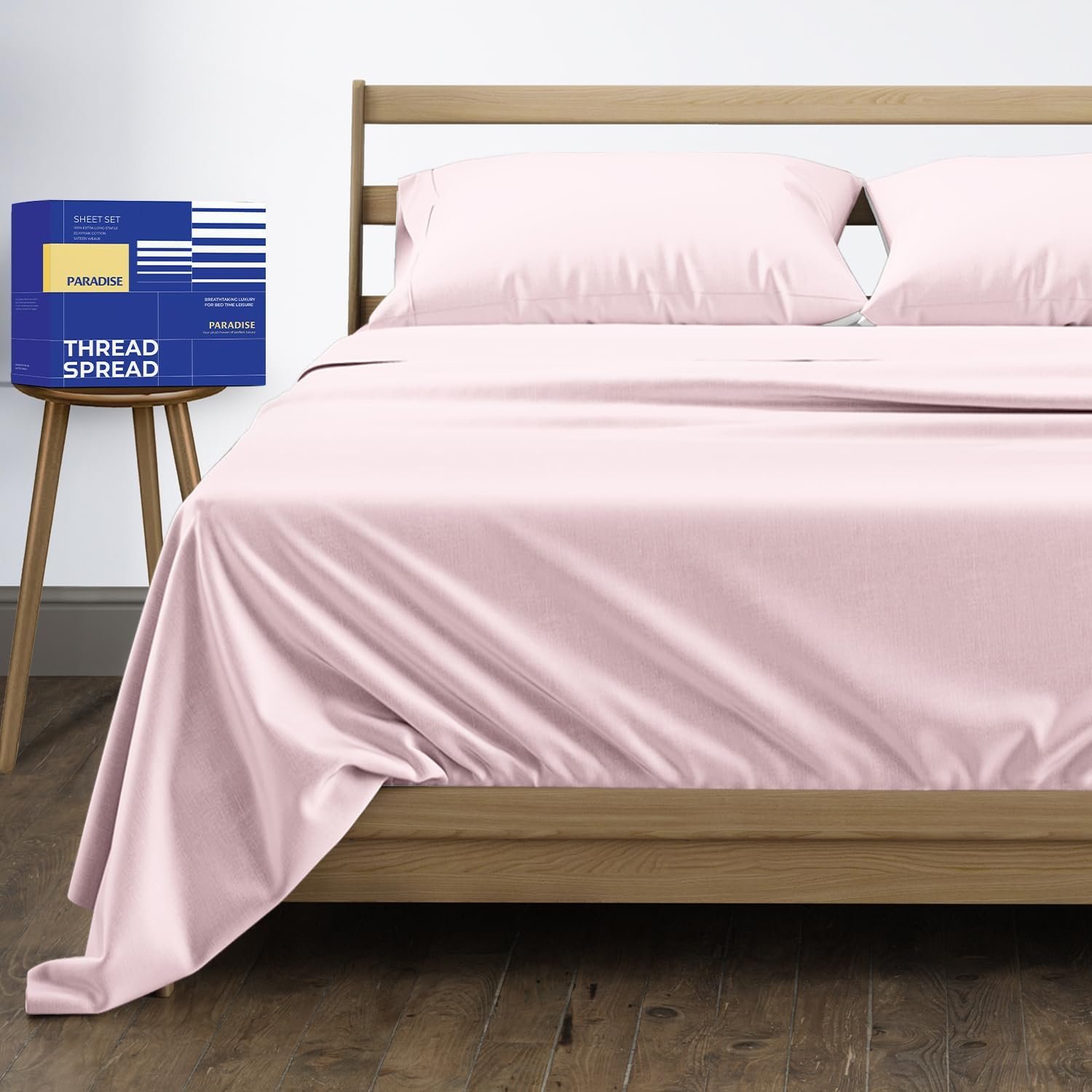 THREAD SPREAD Queen Sheet Set, Luxury 1000 Series Paradise Collection 100% Egyptian Cotton Bed Sheets Queen Size (4 PC, Blush), Silky Soft, Cooling, Sateen, 16″ Deep Pocket Hotel Sheet Set