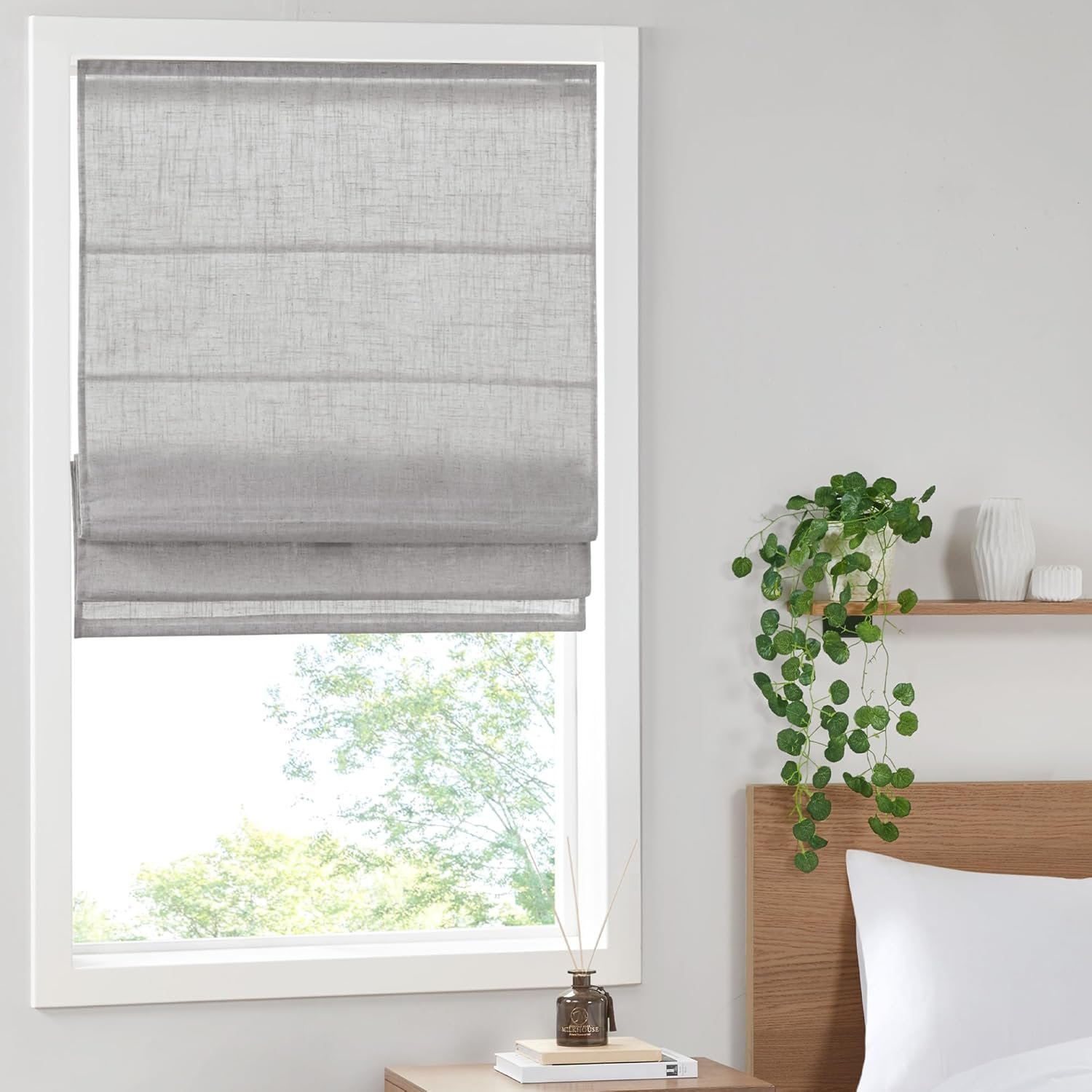 Madison Park Kyler Cordless Roman Shades – Single Panel, Lightweight Linen Blend Fabric, Natural Design, Easy Installation, Light Filtering Window Blind, Bedroom, Living Room Decor 29″ W x 64″ H Grey