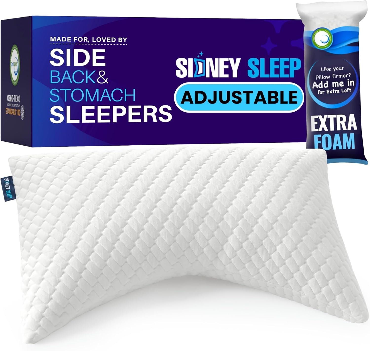 Sidney Sleep Adjustable Curved Pillows for Neck and Shoulder Support with Extra Shredded Fill – Cervical Contour Pillow for Side and Back Sleepers – Queen Size 19″ x 29″ CertiPUR-US Certified (White)