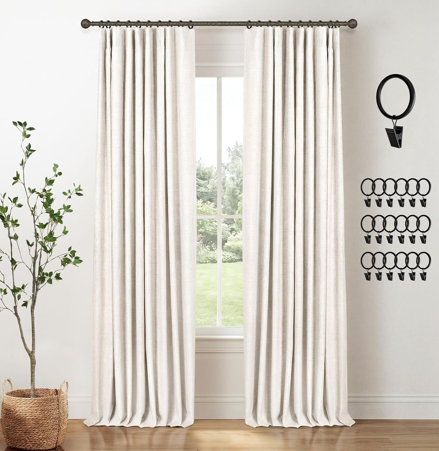 INOVADAY Total Blackout Curtains for Bedroom, Black Out Curtains 84 Inch Long, Clip Rings Linen Blackout Drapes, Thermal Insulated Room Darkening for Living Room, 2 Panels – Beige,W50xL84