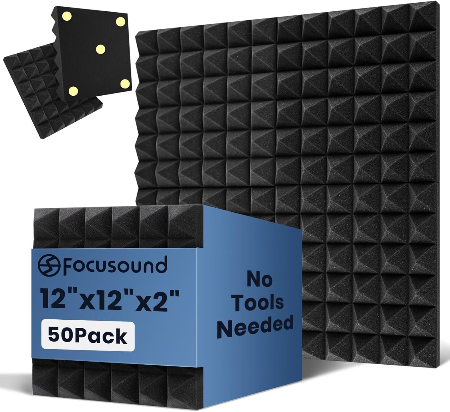 Focusound Acoustic Panels 50 Pack 2″x12″x12″ with 300 PCS Double-Side Adhesive – Sound Proof Pyramid Foam for Walls, Home Studio Noise Absorption & Echo Control Kit