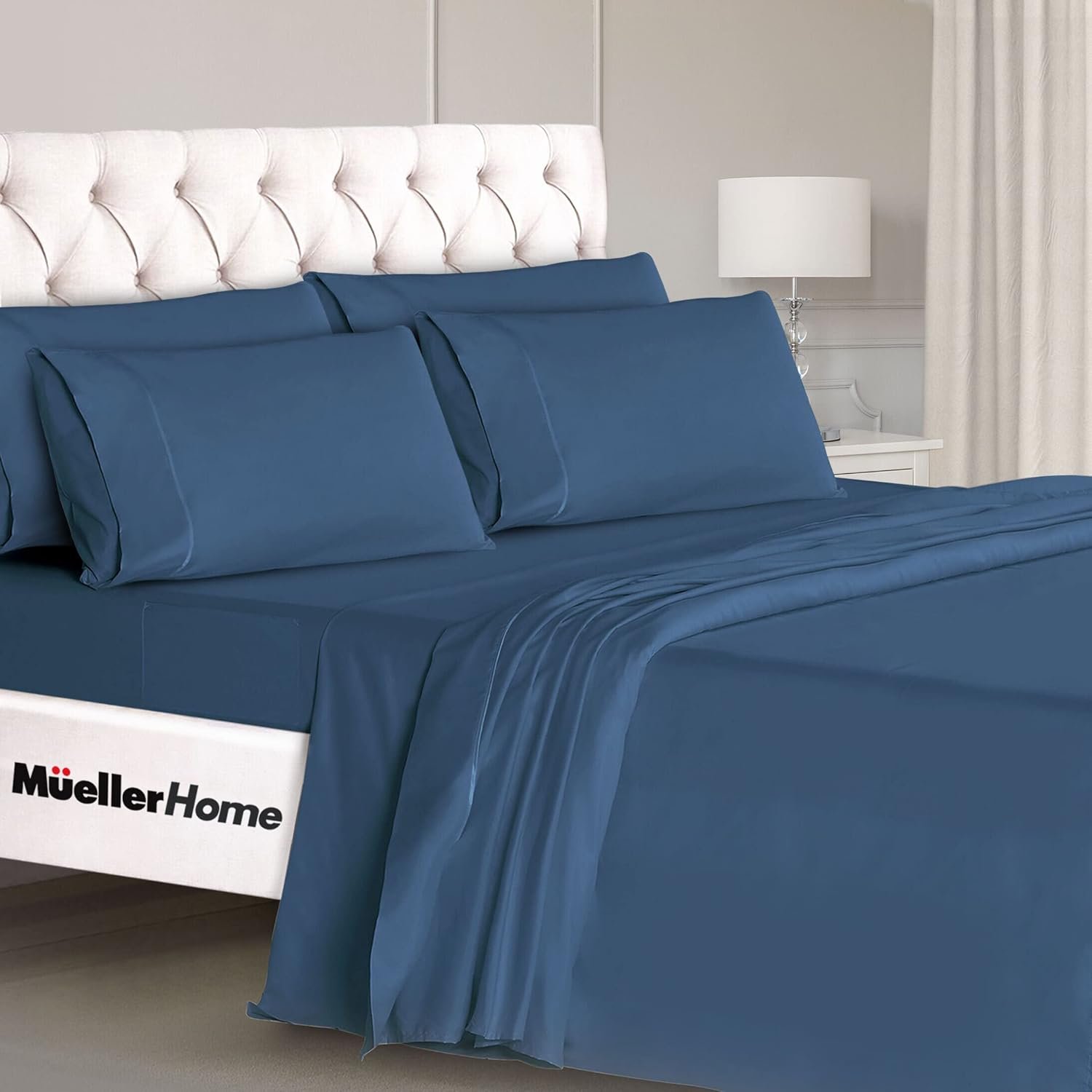 Mueller UltraTemp King Size Sheets Set – 6 Piece Premium Bedding, Silky Soft 1800 Thread Count, Cooling, Deep Pocket up to 16″, Breathable Heat Transfer, Wrinkle-Resistant & Hypoallergenic, Navy