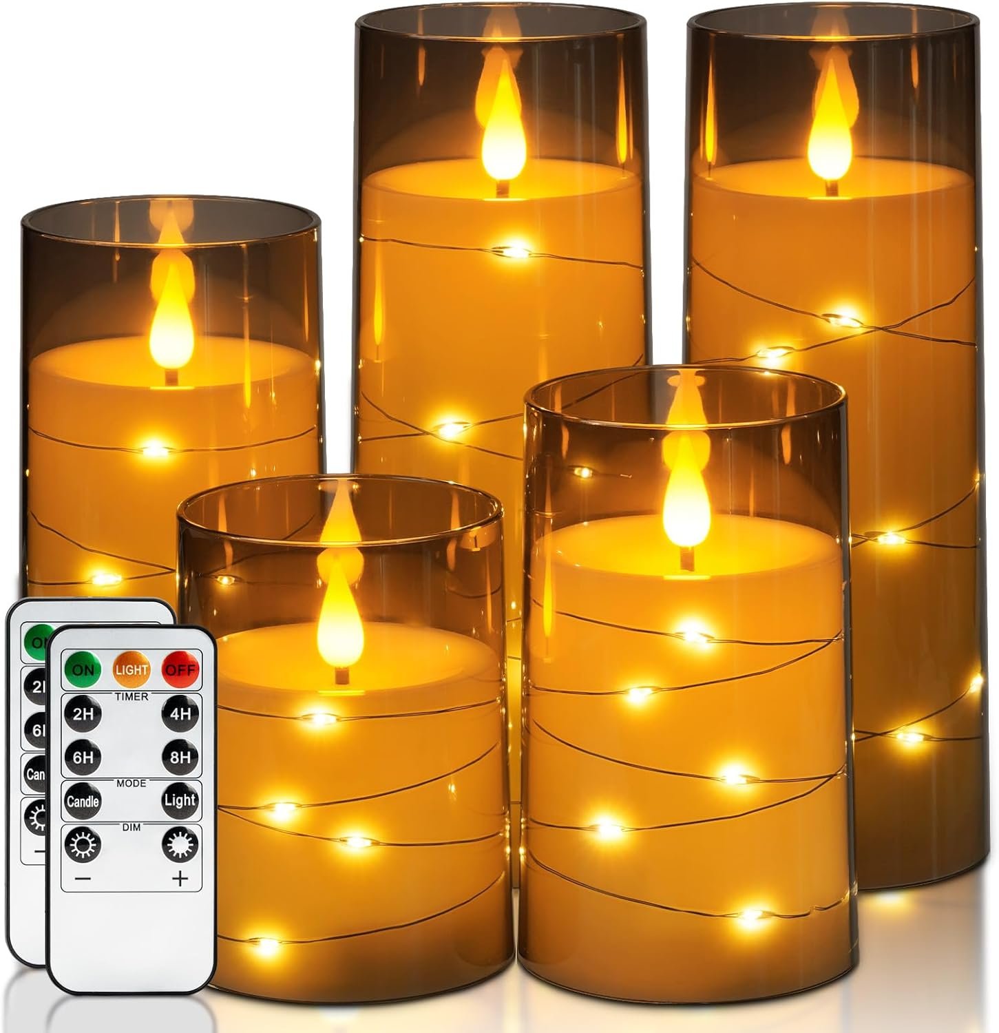Homemory Flameless Candles with Embedded Star String Fairy Lights, Battery Operated Candles, LED Candle, Fake Candles with Remote Control and Timer for Halloween, Gray Acrylic, Set of 5(H4″5″6″8″8″)