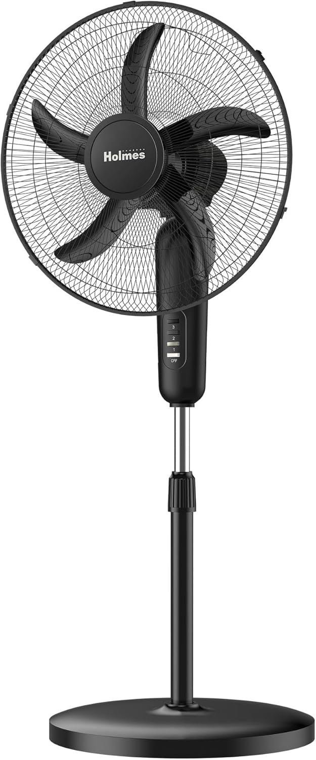Holmes 18 Inch Oscillating Stand Fan 3 Speed Powerful Airflow Adjustable Height 30 Degree Tilt Wide Angle Cooling Quiet Operation for Bedroom Living Room Home Office Gym Black