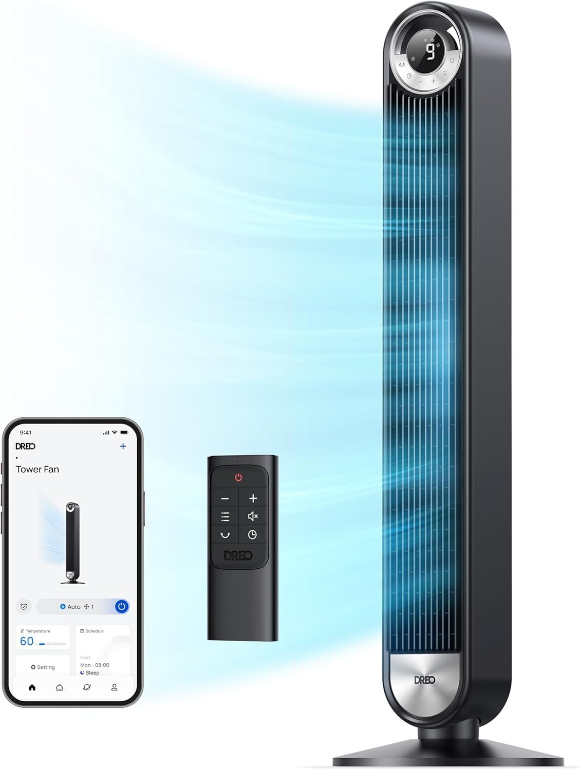 DREO Tower Fan for Bedroom, 90° Oscillating Standing Floor Fan with 28ft/s Velocity, 25dB Quiet for Sleep, DC Motor, 9 Speeds, 4 Modes, 12H Timer, Voice & APP & Remote Control