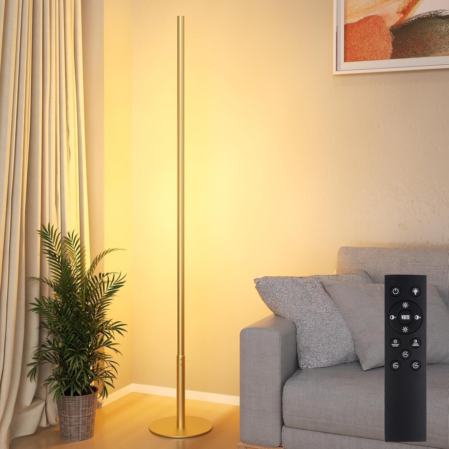 Marlrin Minimalist Corner Floor Lamp 2700K-6500K Dimmable with Remote Control 57.8″ Height Metal Slim Ambient Standing LED Light Modern Design Decorative Lamp for Living Room Bedroom (Gold)