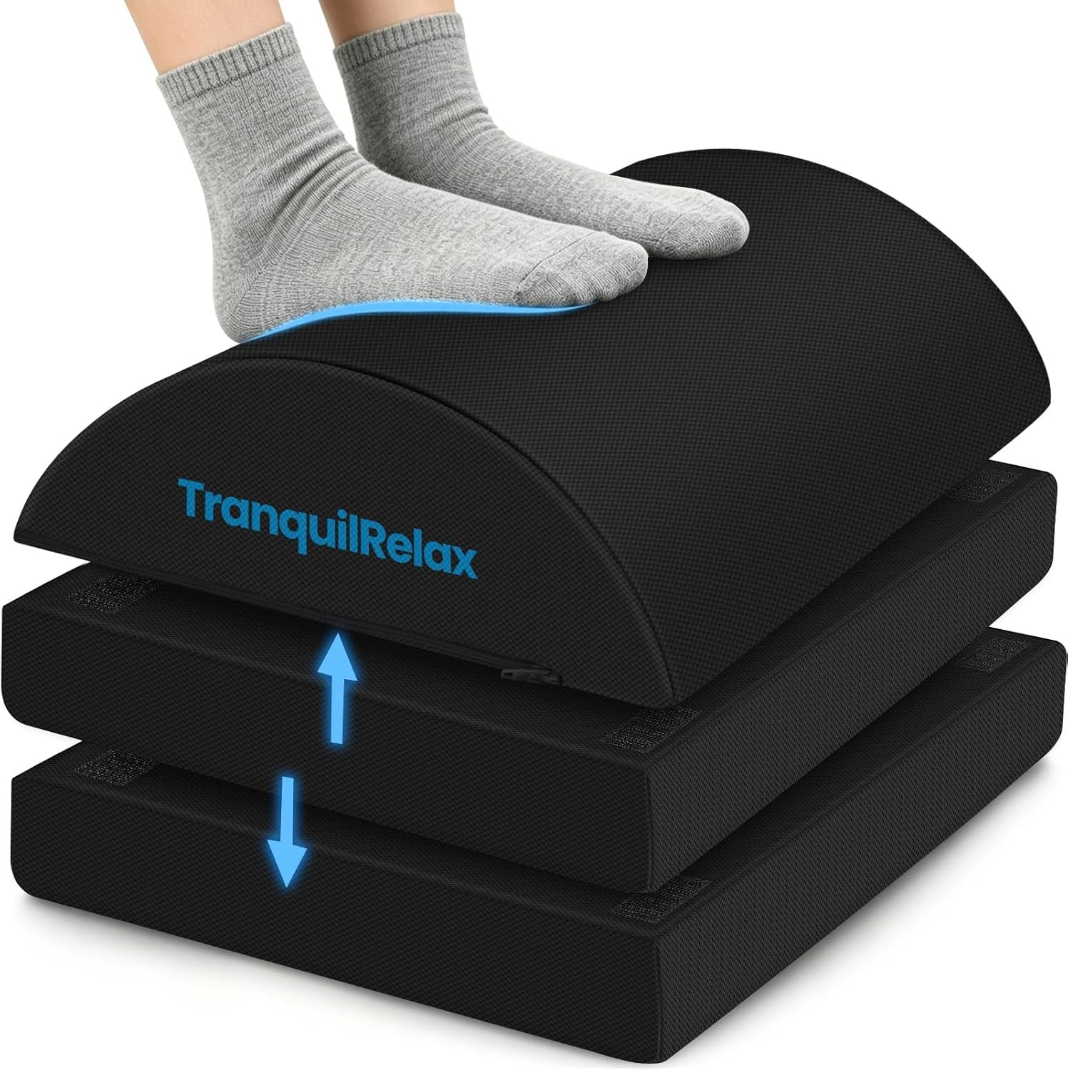 TranquilRelax Foot Rest for Under Desk at Work, Gaming Accessories Foot Stool with 3 Adjustable Heights & Washable Cover, Comfortable Office Desk Accessories, Footrest for Office, Home and Car (Black)