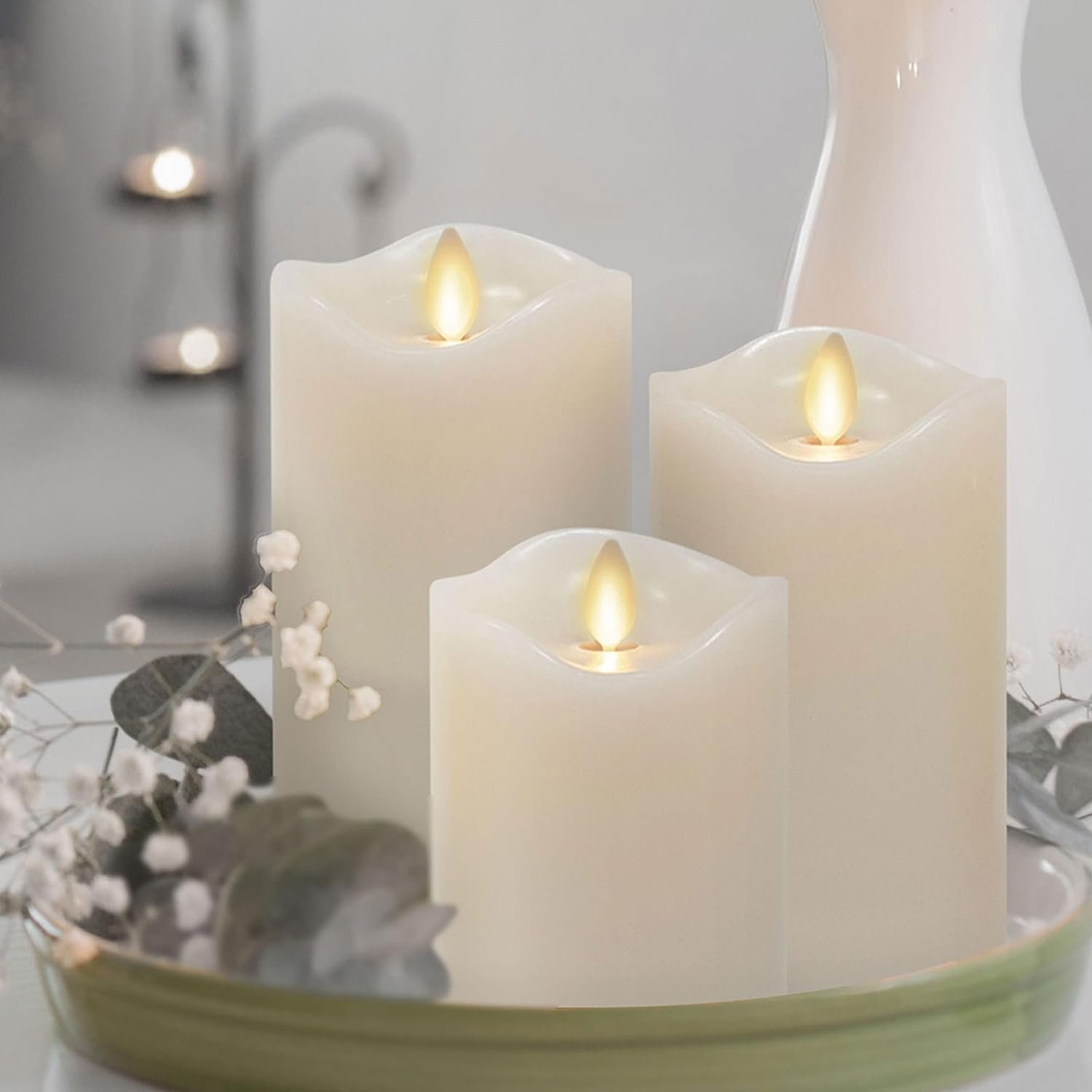 Matchless Candle Co. by Luminara Set of 3 Flameless LED Flickering Moving Flame Pillars (3″ x 4.5″, 5.5″, 6.5″), Melted Unscented Real Wax Edge w/Smooth Finish, AA Battery Operated, Pearl Ivory