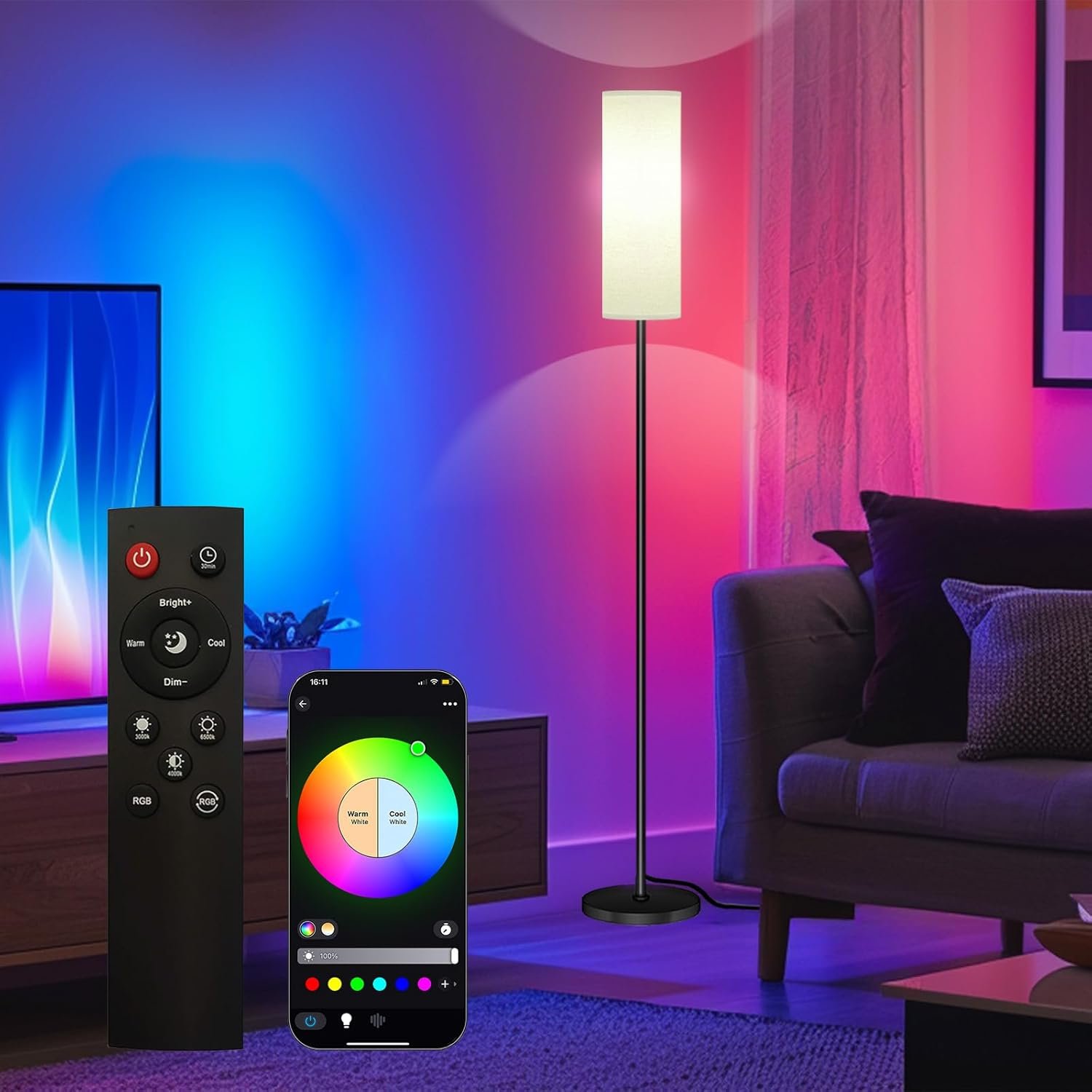 Qaubauyt Smart LED Floor Lamp with APP Control & RGB Colors – Dimmable Standing Lamp for Living Room, Bedroom, Gaming – Remote, Timer, 9W Bulb Included, 67″ Modern Tall Lamp (black pole + white shade)