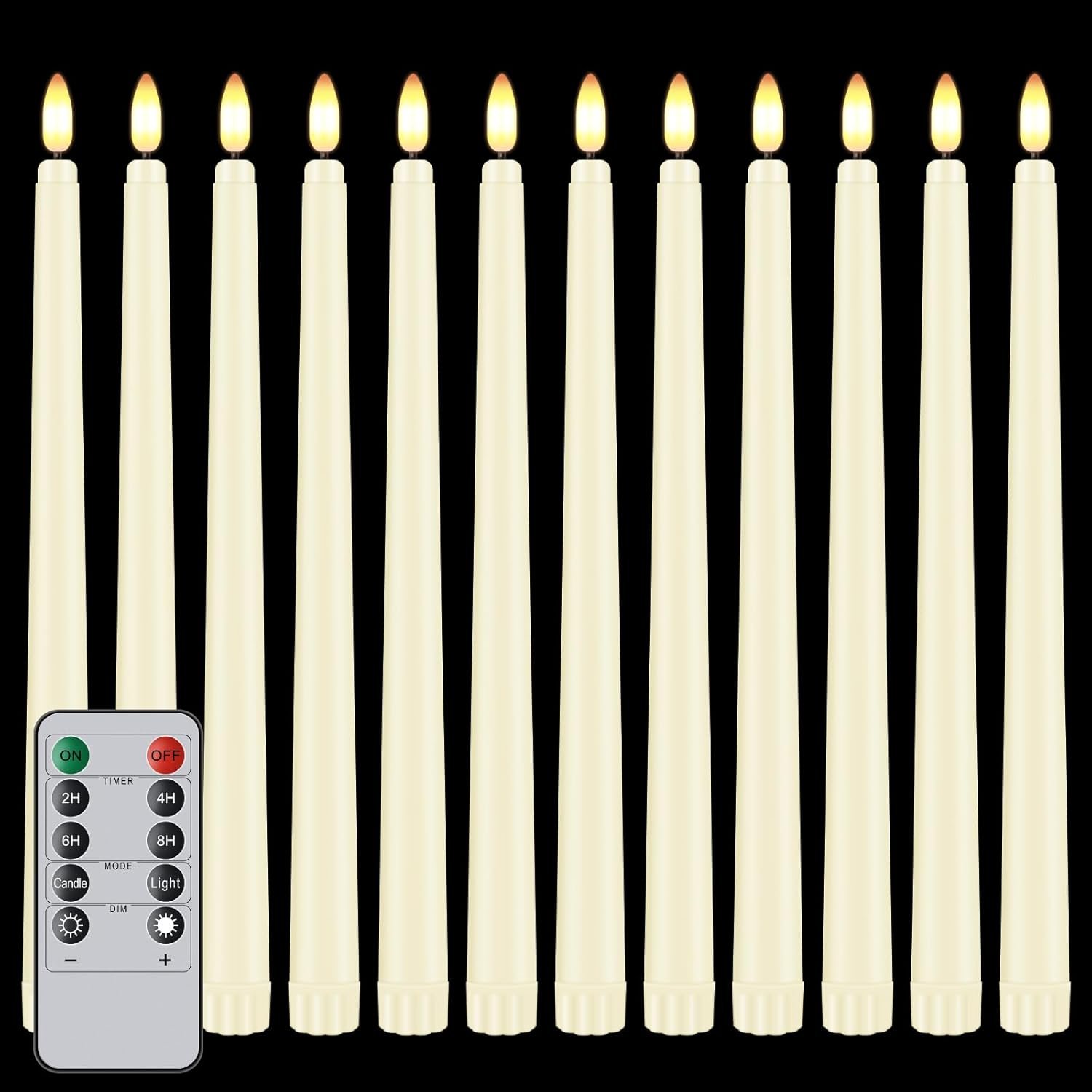 12 Pcs Flickering Flameless LED Taper Candles, 11″ Long Fake Taper Candles Battery Operated with Remote Timer, Ivory Plastic Electric Candlesticks for Wedding Party Christmas Holiday