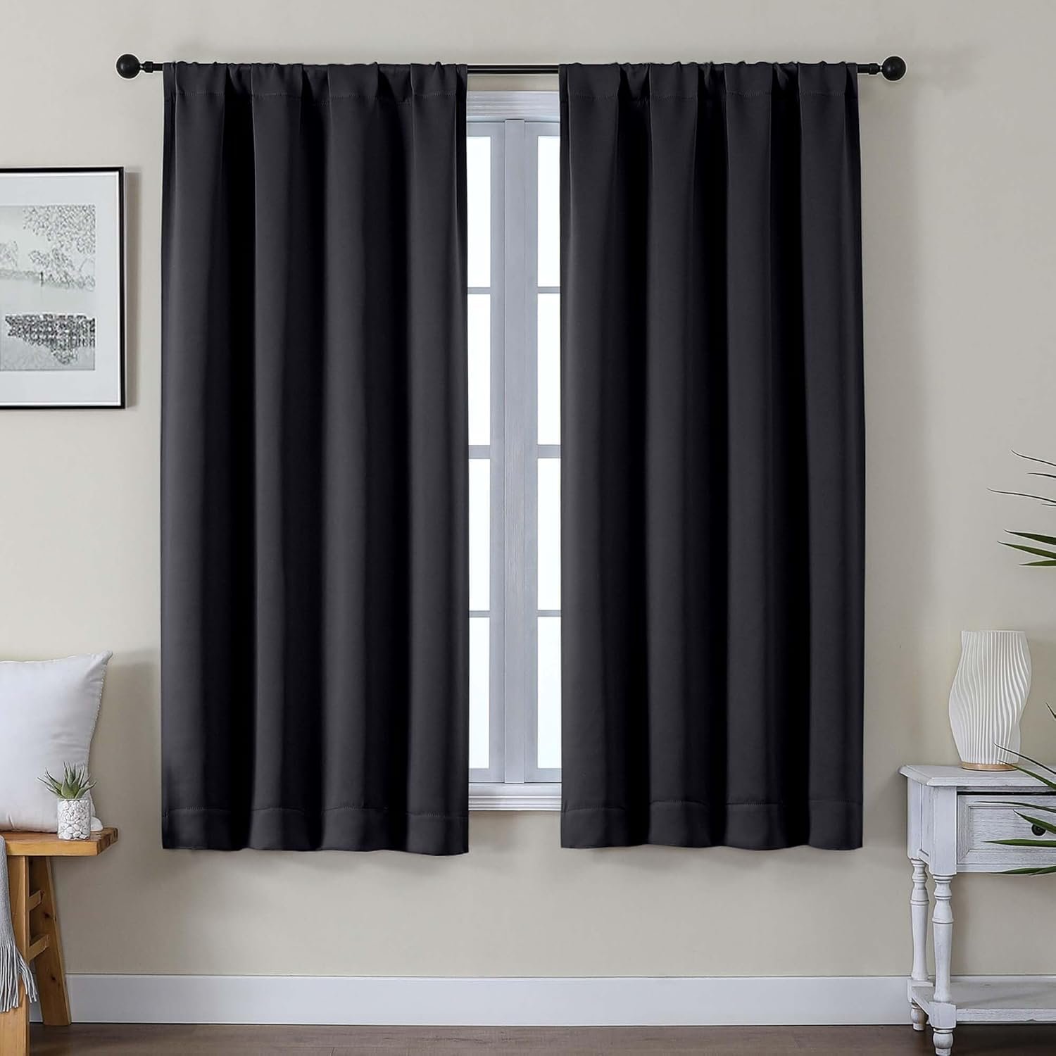 Gwine Black Blackout Curtains for Bedroom 63 Inch Length – Thermal Insulated Light Blocking Window Curtain Panels, Solid Room Darkening Drapes for Living Room, 2 Panels, Each W40 x L63